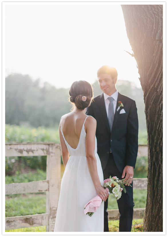 Custom cotton and lace wedding dress with inseam pockets, deep v back, for the super sweet Erin of Reading My Tea Leaves . Photos from 100layercake.com , by Alice Gao.