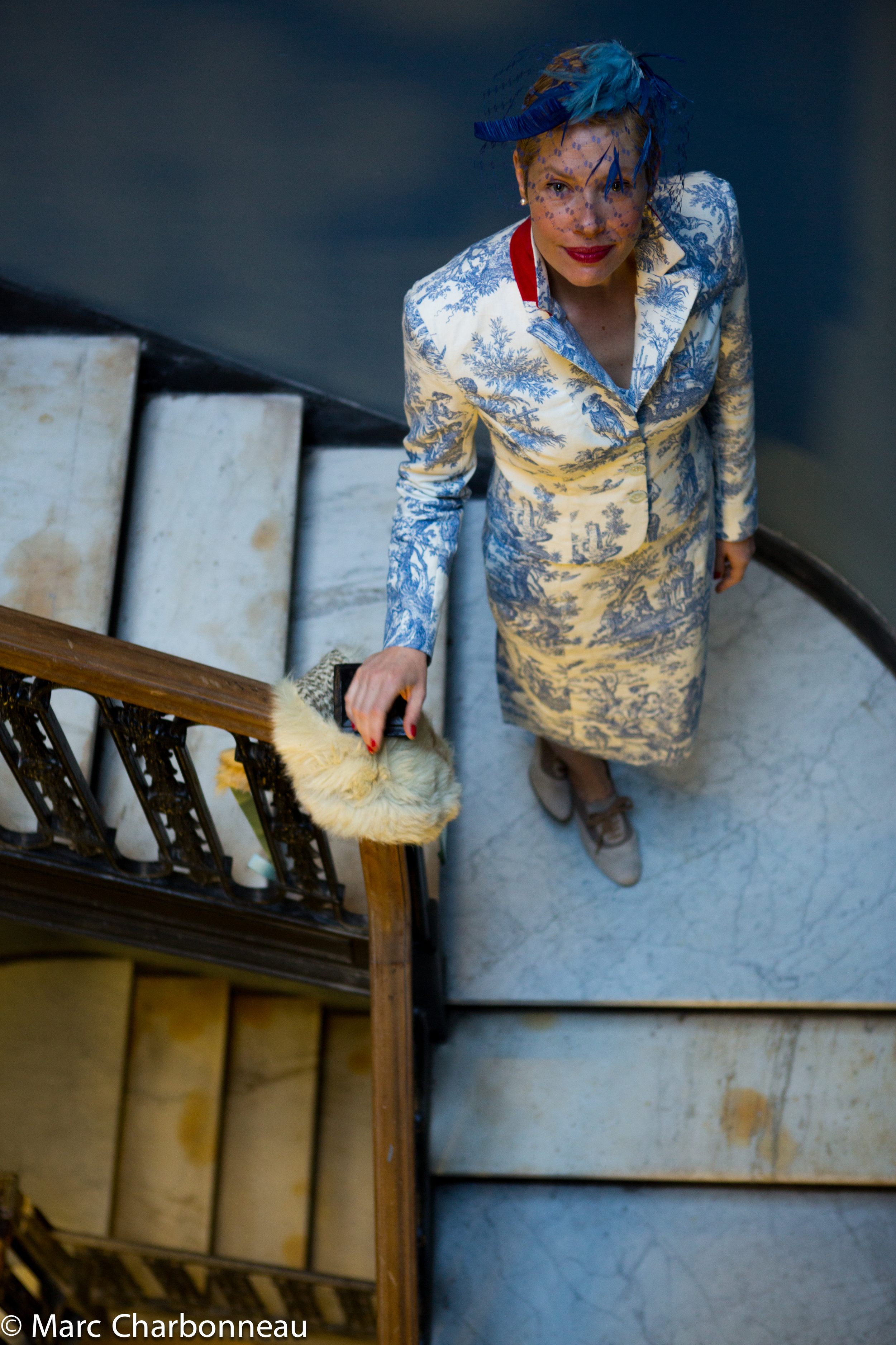 Custom made dress and jacket for a one of a kind florist bride. She had a flash mob wedding in the Chelsea flower market, and wore this amazing country side toile surrounded by friends, family, and flowers!