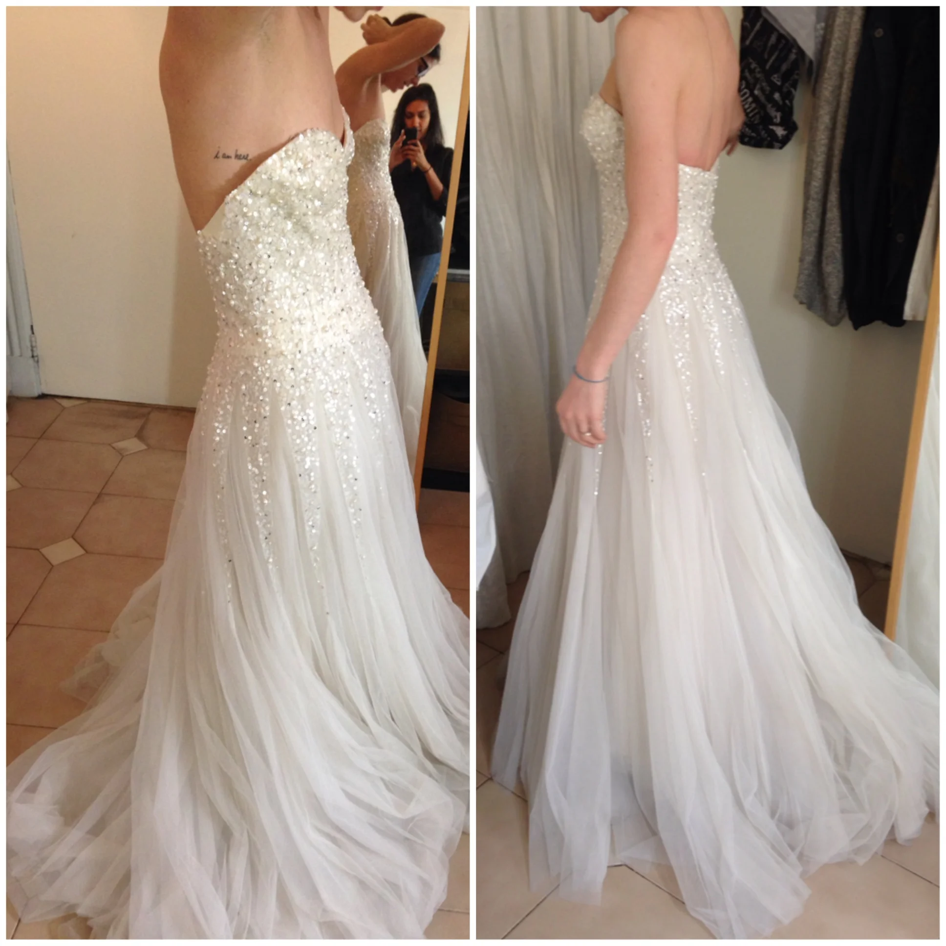 Before (L)/After (R) Beaded and Sequined Reem Acra gown, sized down and hemmed