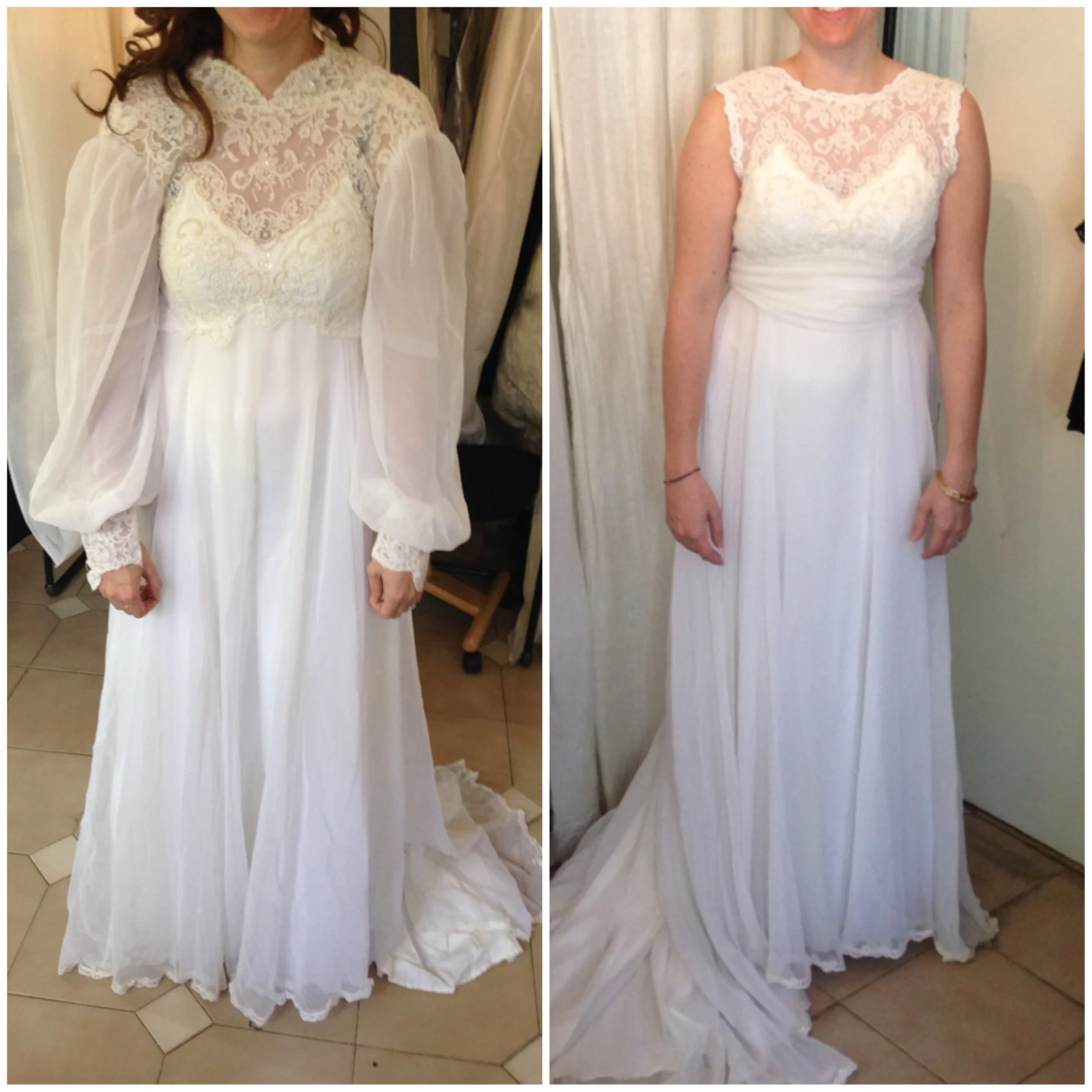 Before (L)/After (R) Bride in her mother's wedding dress, updated by lowering front and back neckline, removing sleeves, fitting all over.