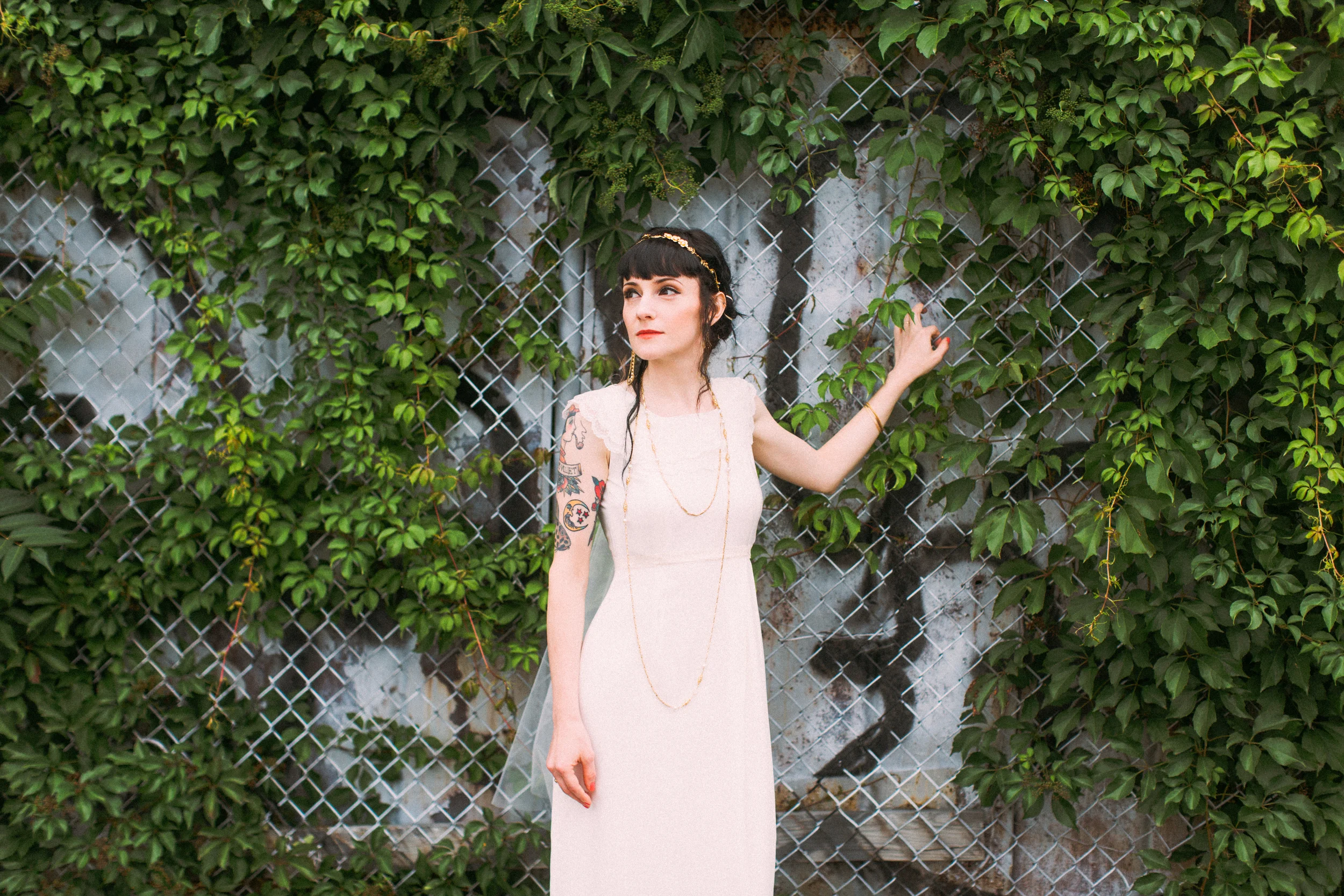 Custom silk crepe de chine dress with lace neckline/sleeve detailing and custom veil. 