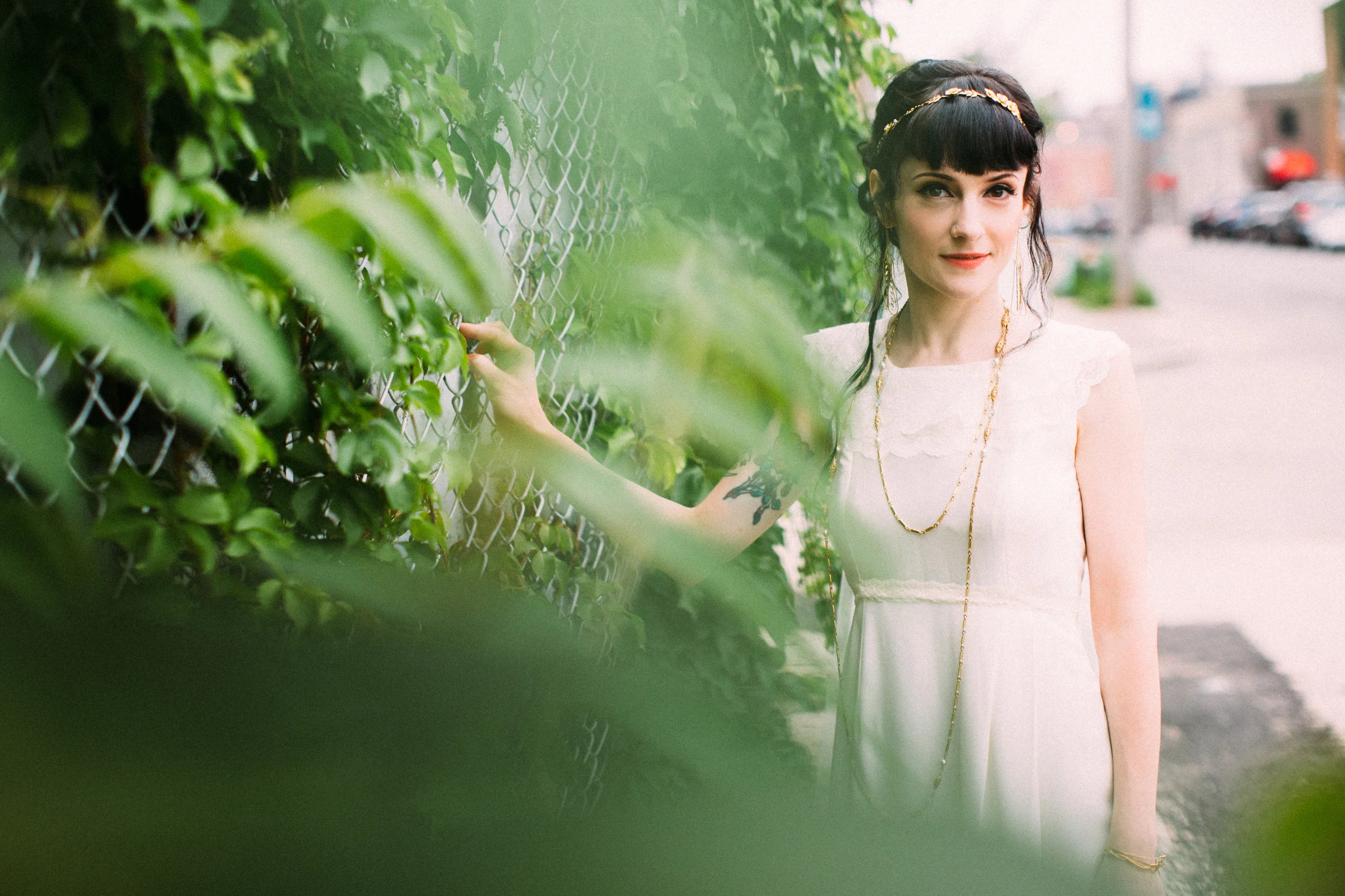 CUSTOM SILK CREPE DE CHINE DRESS WITH LACE NECKLINE/SLEEVE DETAILING AND CUSTOM VEIL. 