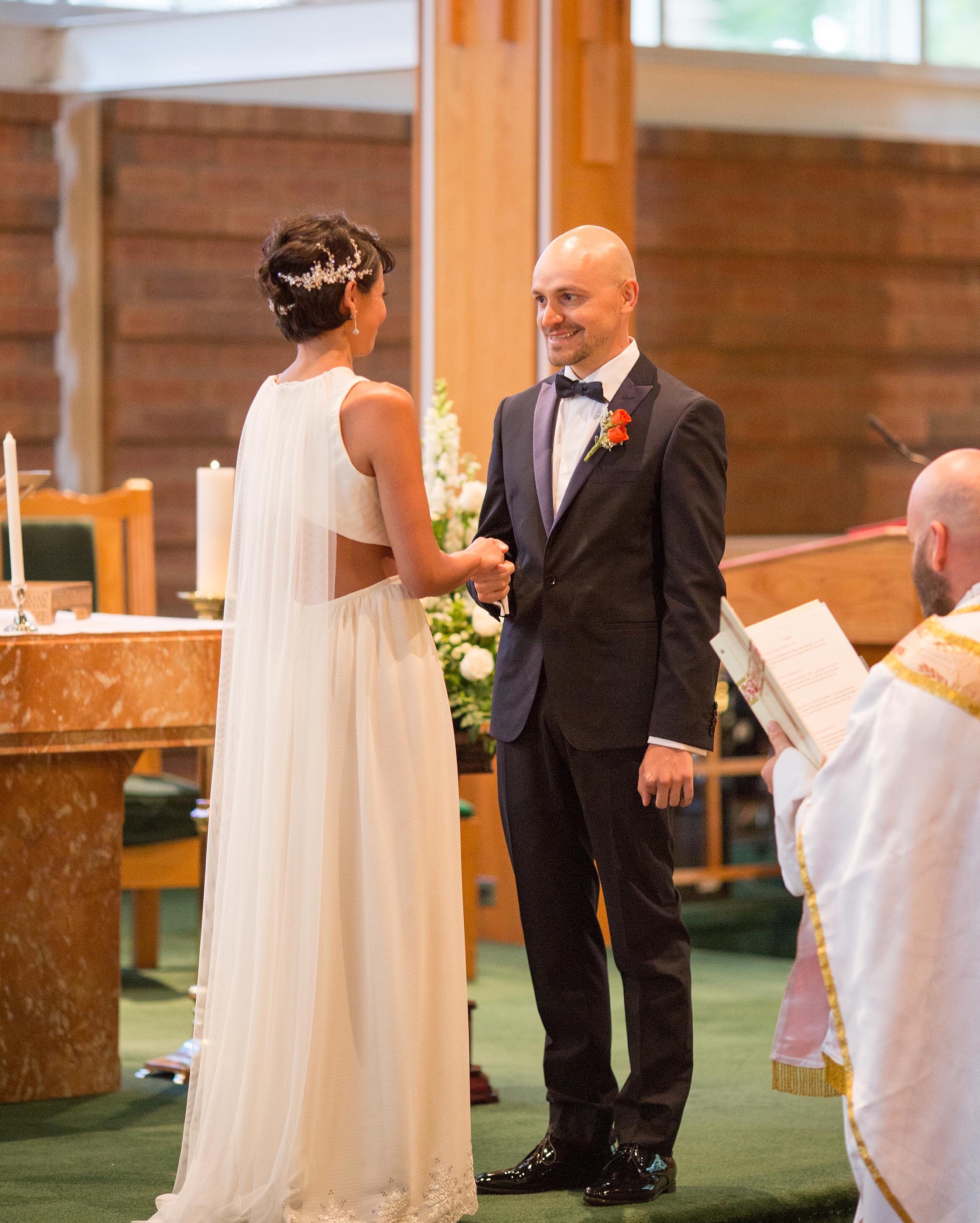 Custom English tulle cape-veil worn on custom/heirloom hybrid dress