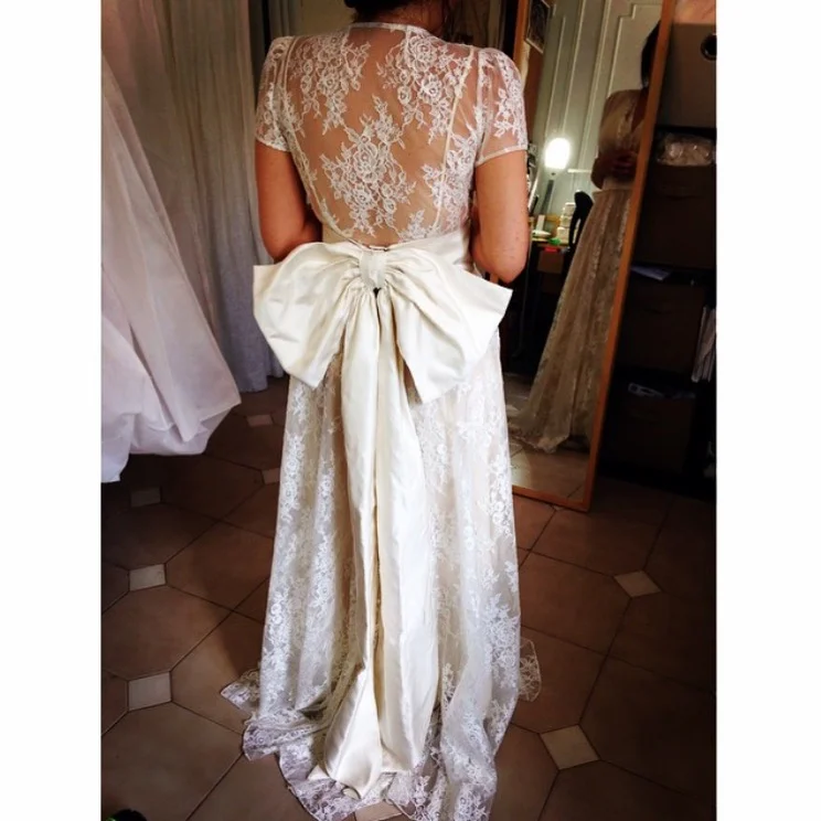 Custom oversized taffeta sash with pre-made bow worn with Shareen Vintage lace dress