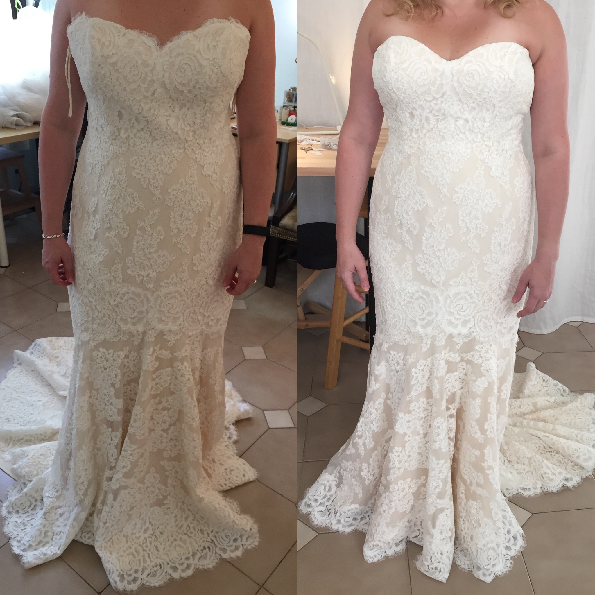 Before and After on lace gown from Kleinfelds.