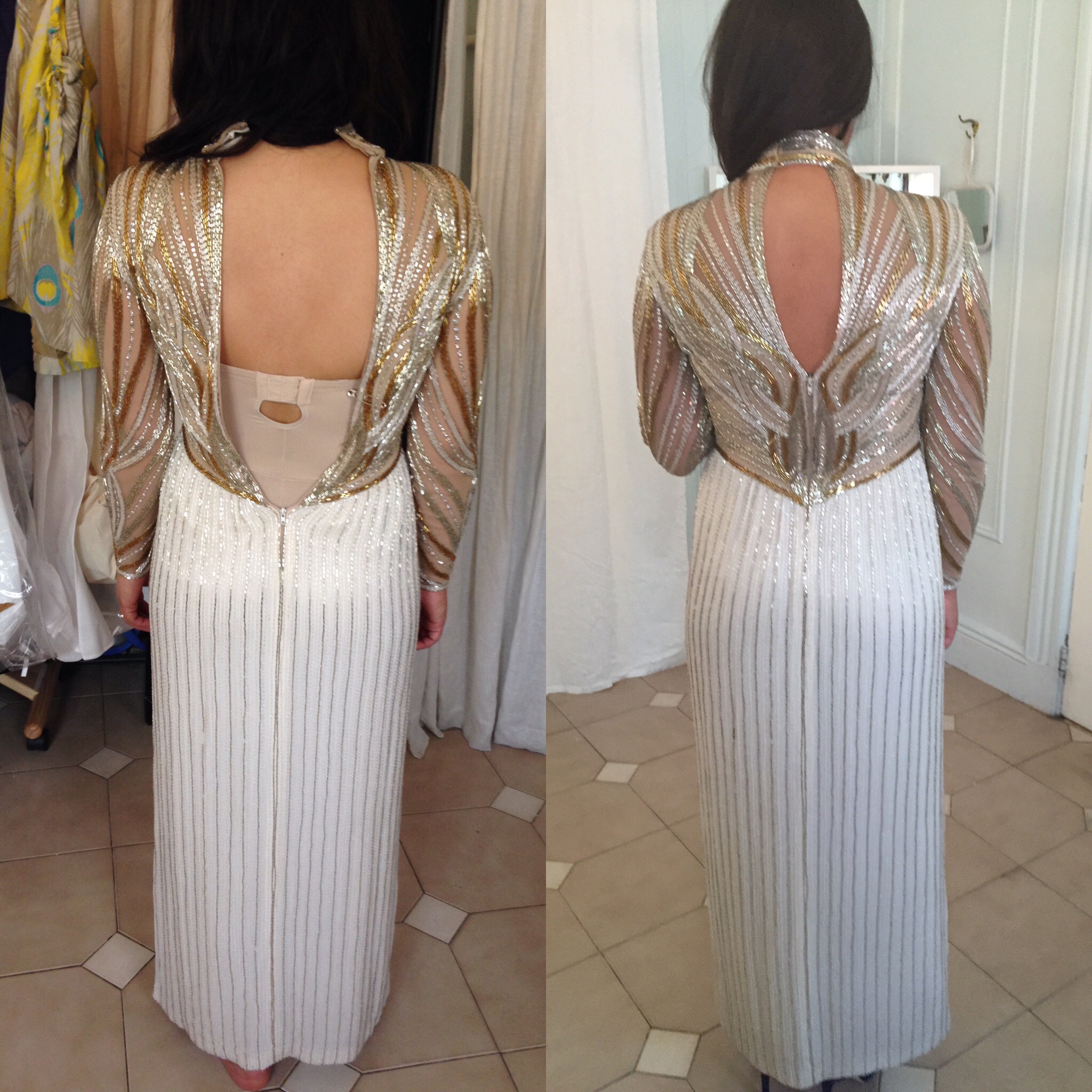 Before and after on beaded Bob Mackie vintage dress