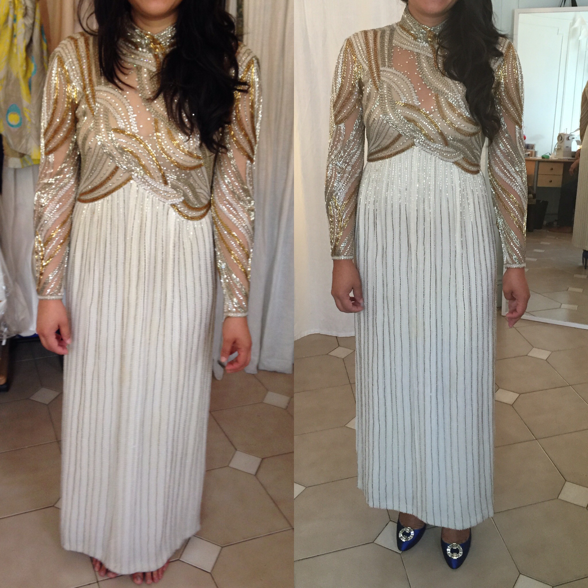 Before and after on beaded Bob Mackie vintage dress