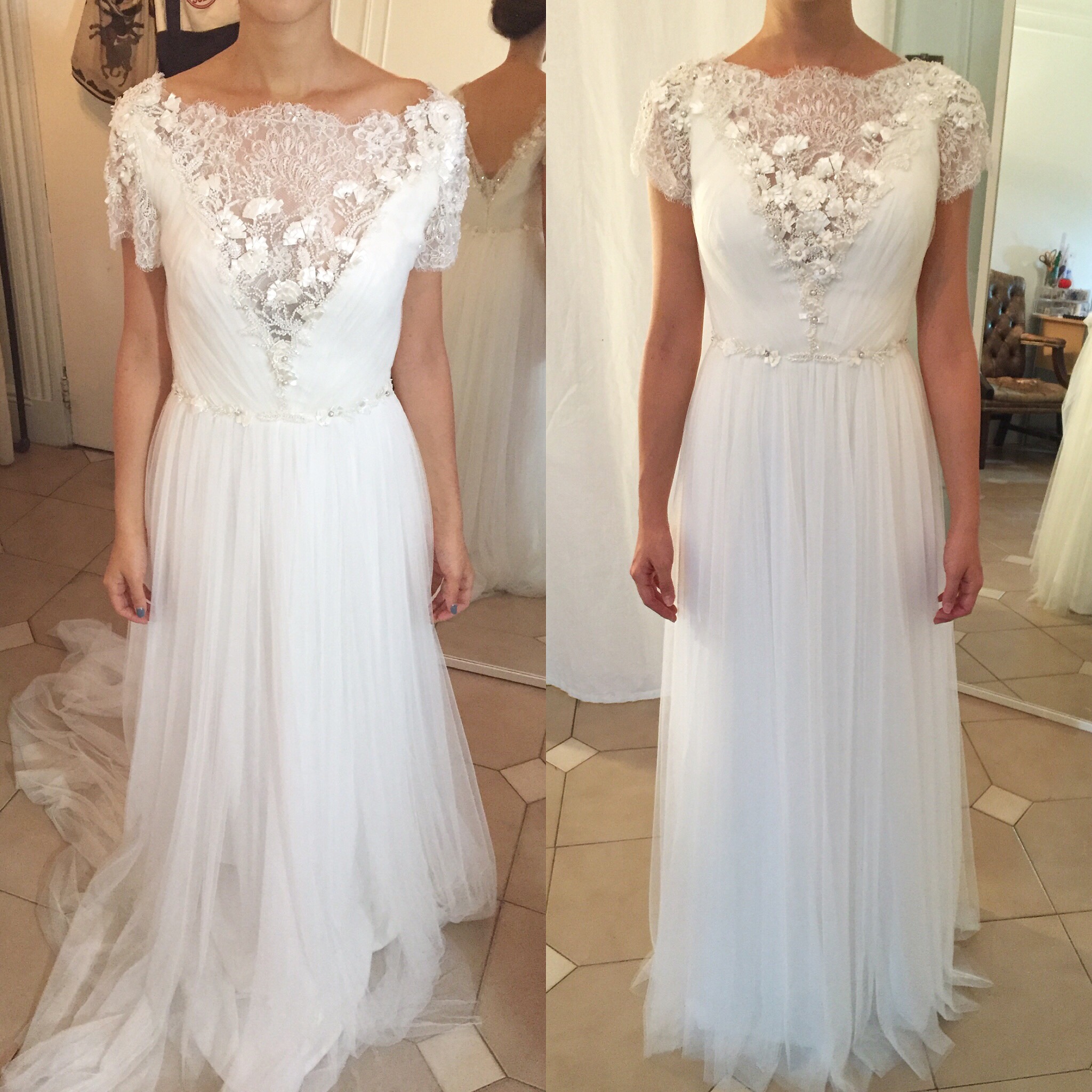Before and after on beaded Marchese gown