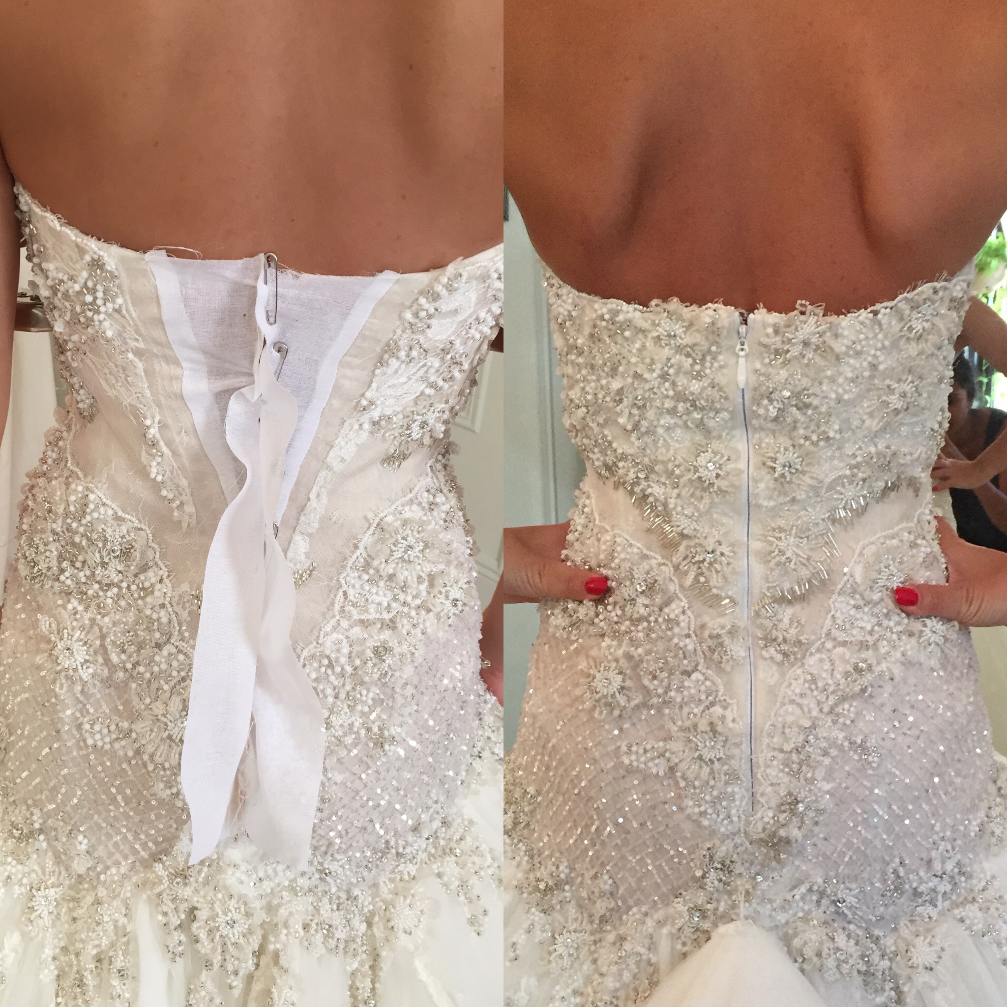 Before and after on fully let out and rebeaded gown