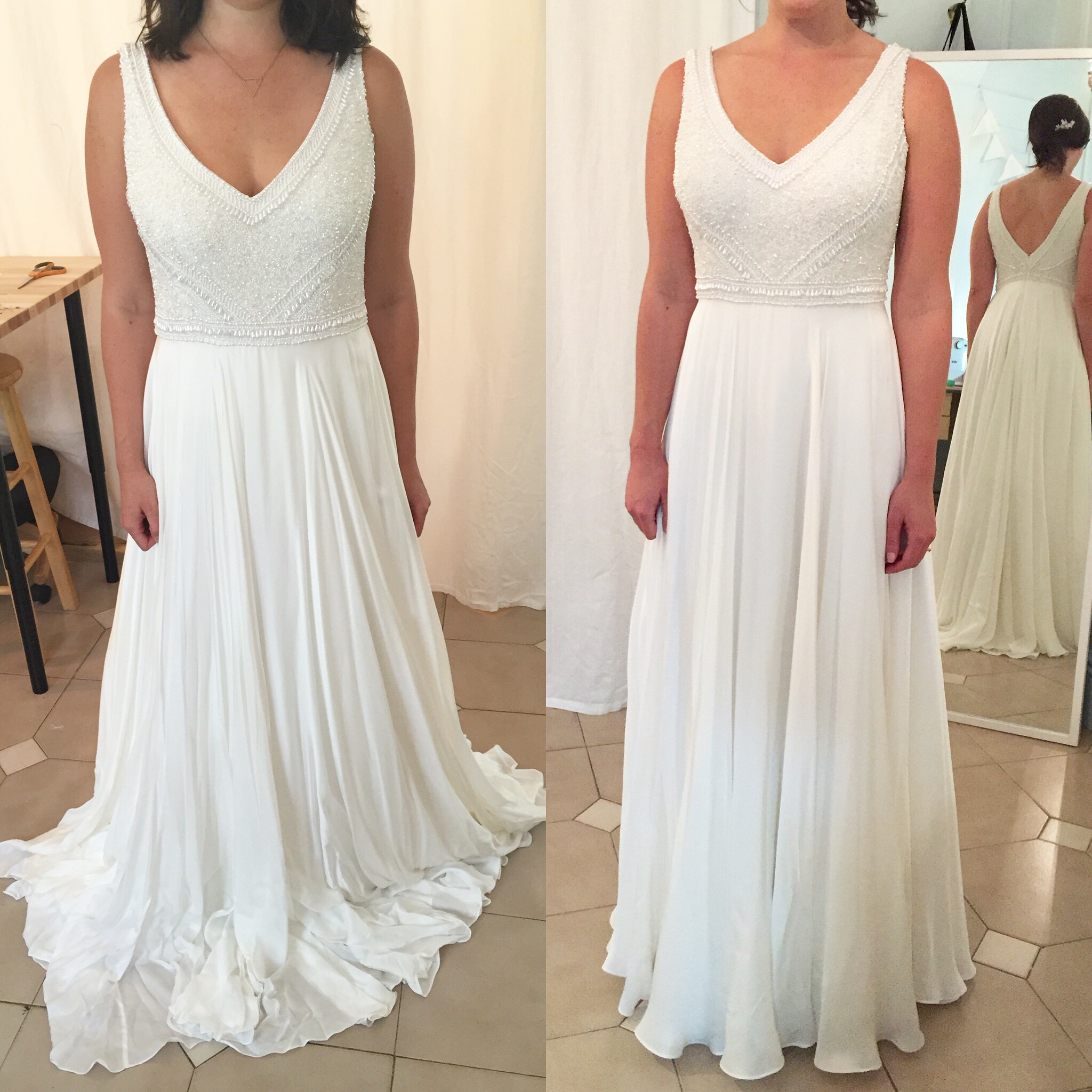 Before and after on beaded bodice/satin faced chiffon Theia gown