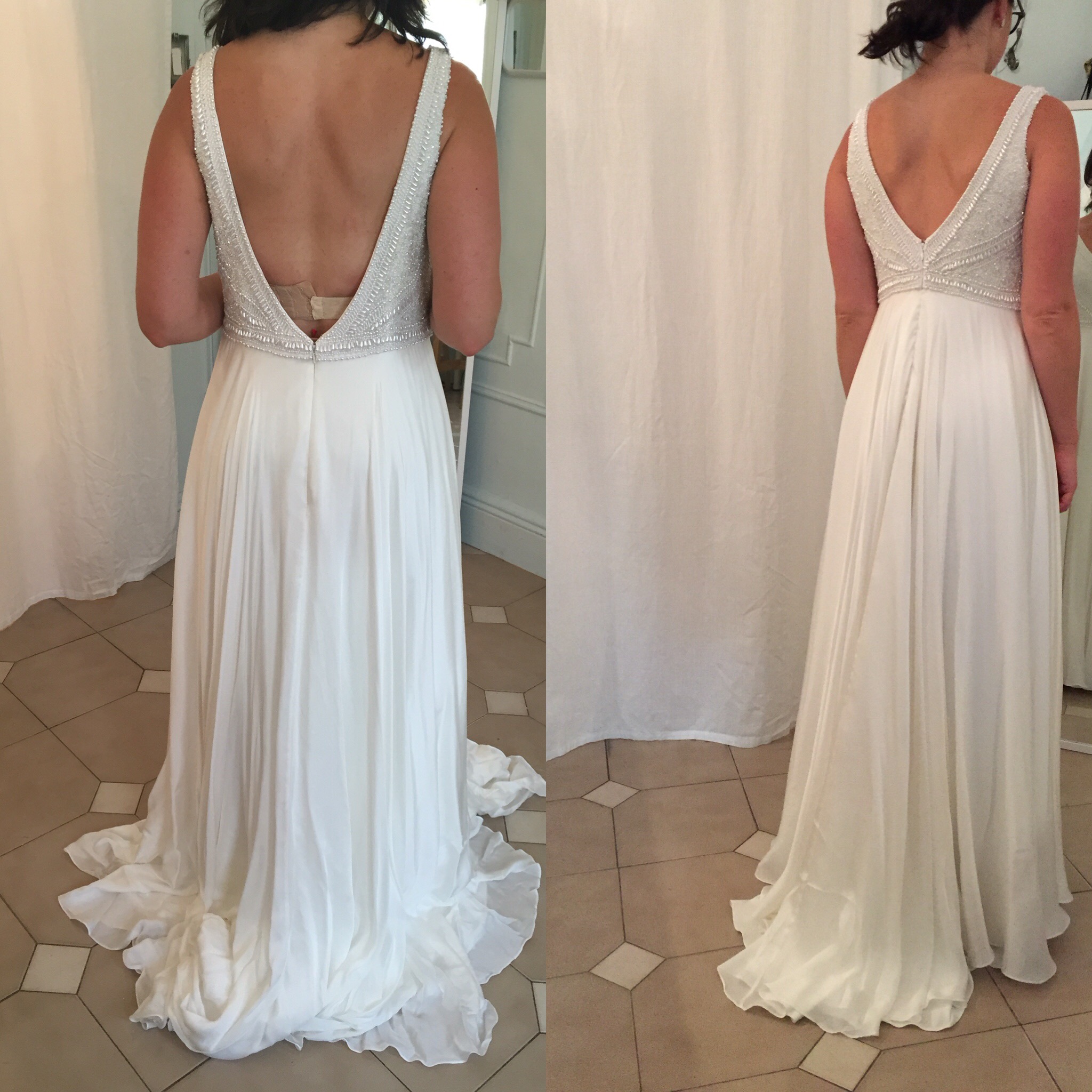 Before and after on beaded bodice/satin faced chiffon Theia gown