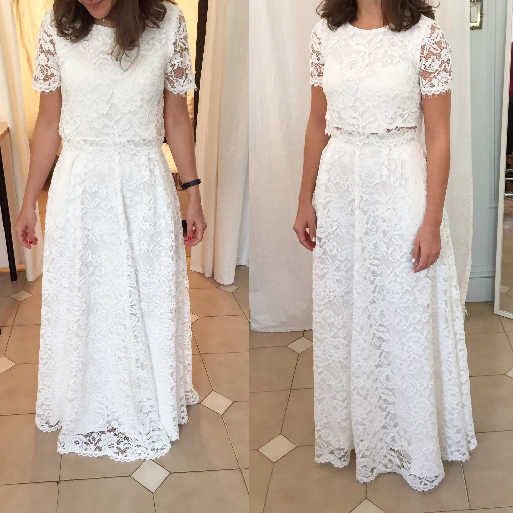 Before and after on lace dress from Reformation