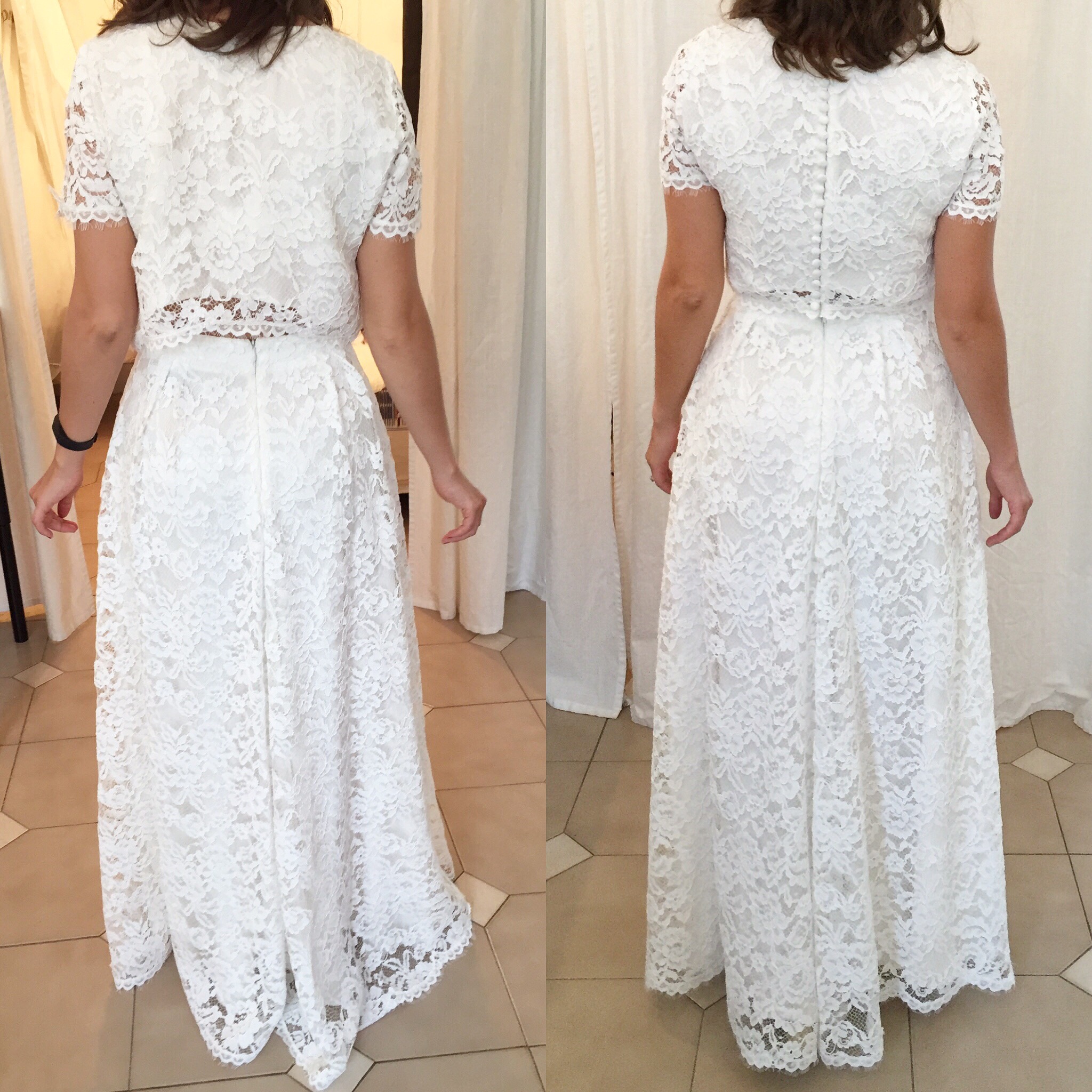 Before and after on lace dress from Reformation