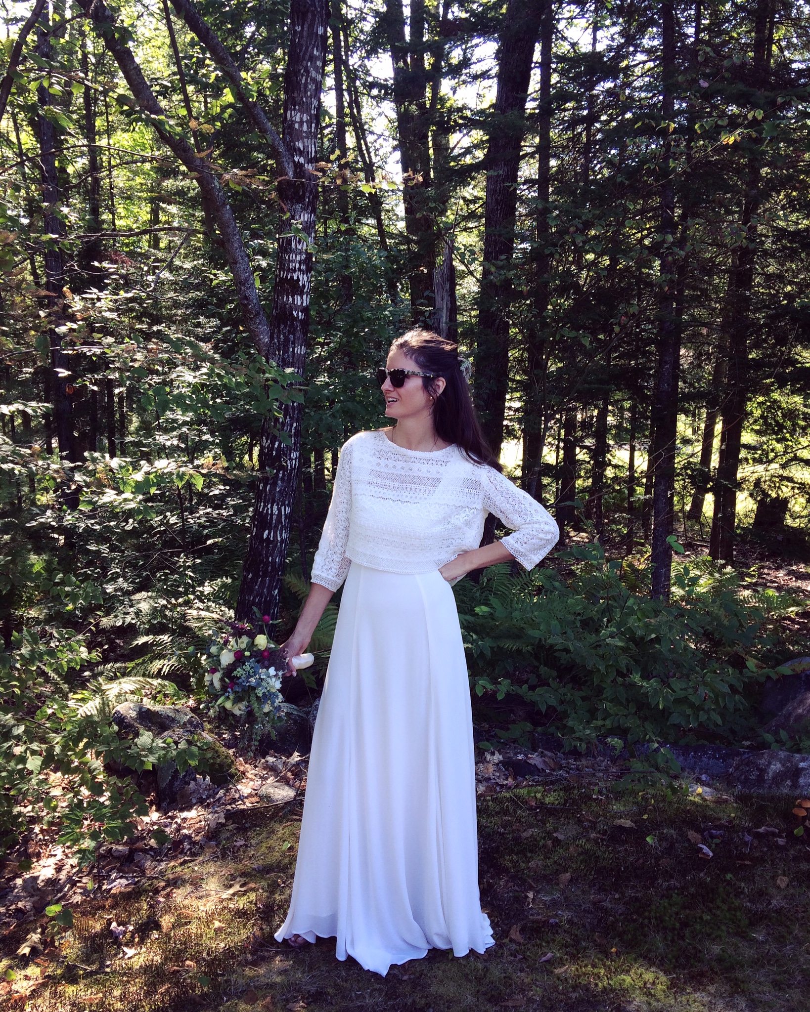 Custom cotton lace jacket worn over Reformation dress