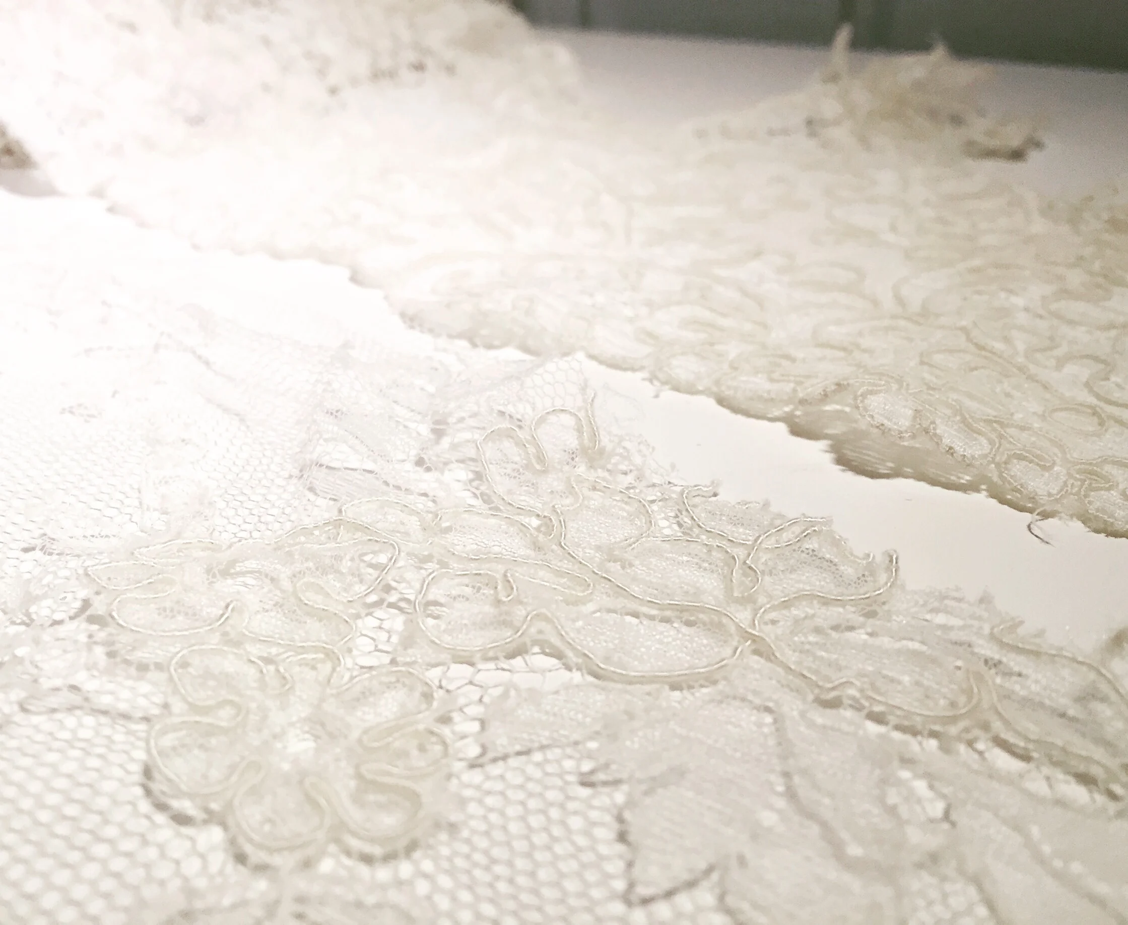  Alençon lace. It is distinguishable from other laces by its heavy cord or thread on a fine mesh, usually outlining a floral motif. It's light and soft to the touch, but sturdy enough to cut and use all over a dress and as a detail, perhaps on a veil. Extra fact: Real alençon lace is a needle lace originating from Alençon, France, and the craftsmanship required to make this lace is recognized under UNESCO's list of Intangible Cultural Heritage of Humanity! 