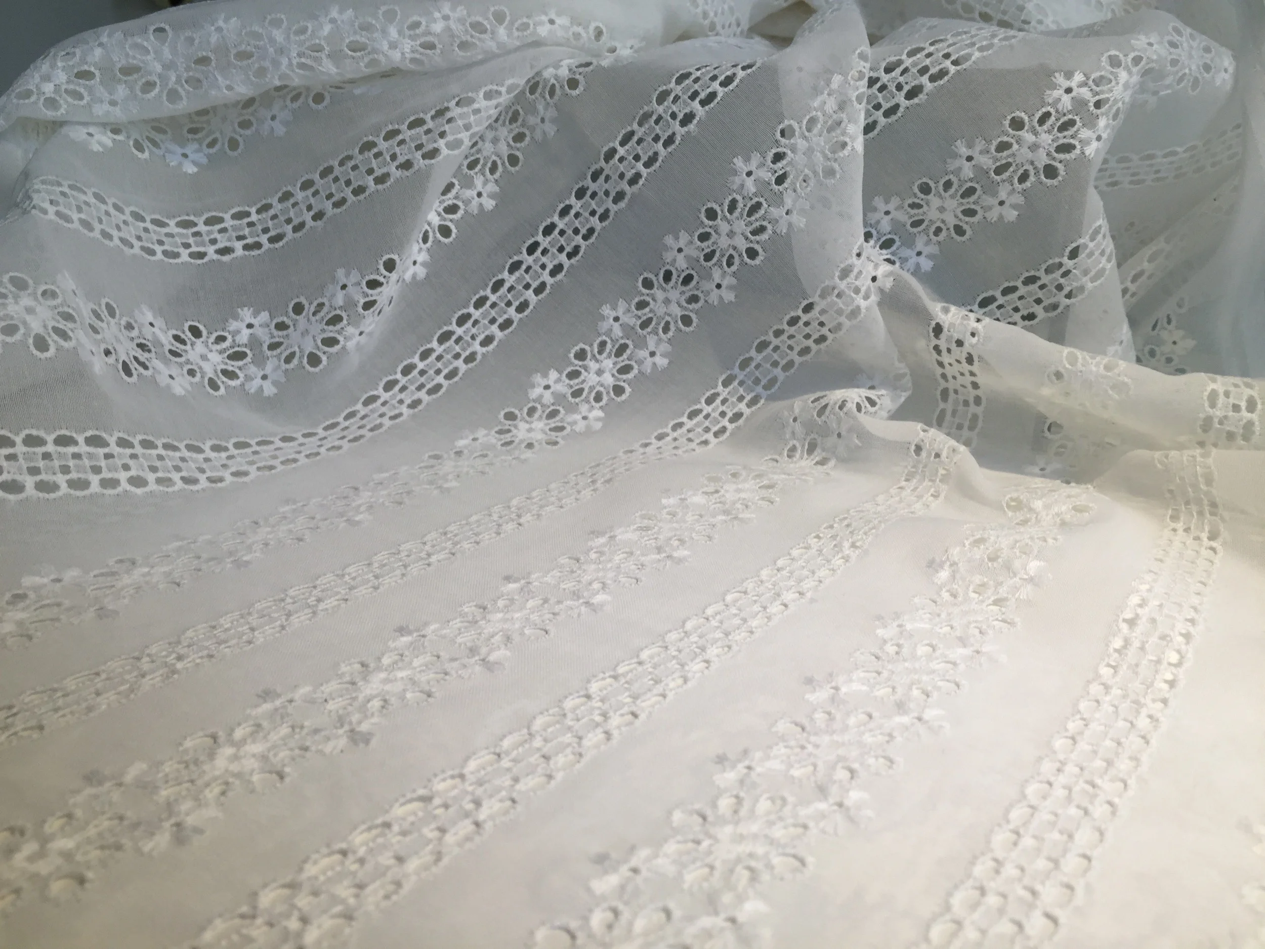 Broderie Anglaise: a light but solid fabric (like a cotton voile) which is embroidered with a pattern composed of small round or oval holes which are bound in overcast (buttonhole) stitches. These little holes, commonly known as eyelets, can be accompanied by embroidered details, like the small flowers seen above. This style originated in the 16th century in Eastern Europe, but was popularized in the Victorian era in England. 