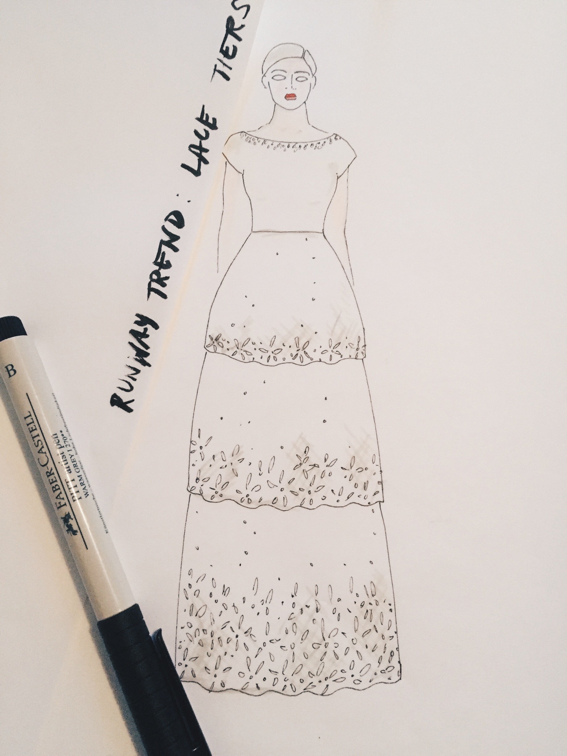 Runway Trend: Lace Tiers. Lace scalloping and tiers are not new to bridal, but they've made a big comeback, especially with the influence of Spanish styles and bohemian trends. Proportions are important to keep in mind if you are searching for a tiered dress. Think about the scale of the tiers, the height of the lace details, the negative space between tiers and lace details, and the overall length of the dress compared to your height. If the dress needs hemming, the tiers may need to be shortened from the top, or the scalloped edge may need to be removed and re-attached at a higher point on the lowest tier, but this may mean losing negative space, or shortening the lace detail. A flounce tier (think ruffles on a Flamenco dancer) may be asymmetrical, requiring hemming at the bottom but not the top. In order to keep consistency in the height of the flounce throughout, consider removing the flounce fully and shortening only the panel to which it is attached, rather than shortening the flounce itself. 