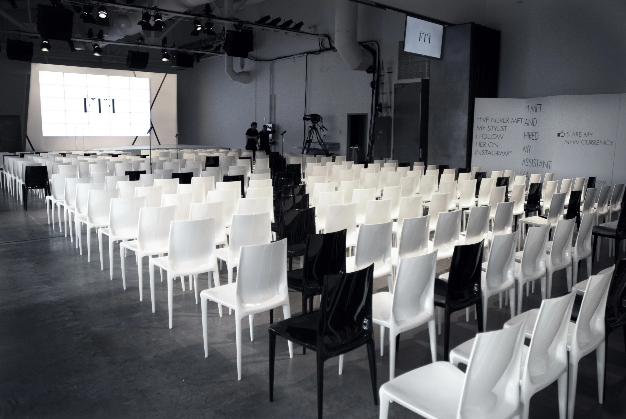 FASHION TECH FORUM— The event design featured a cinematic projection screen for live presentations, infographics, video and film, including supplementary monitors overhead, and displayed large scale signage and graphics throughout.