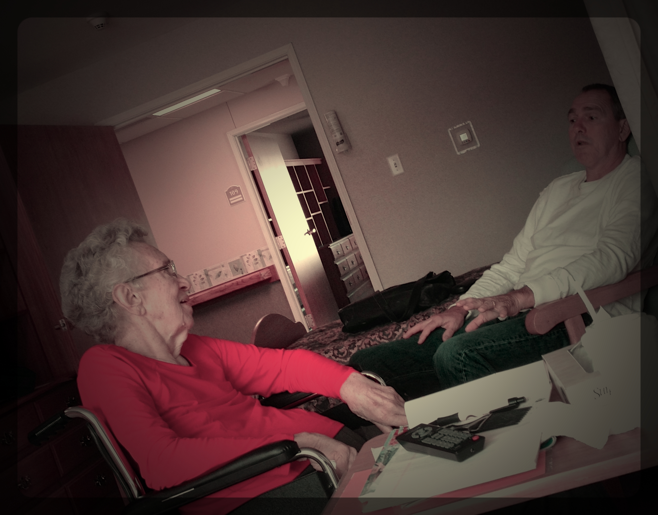 Larry and his 87 year old Mom, Luella, chatting in her room at Rehab, nearly 9 weeks after a stroke.