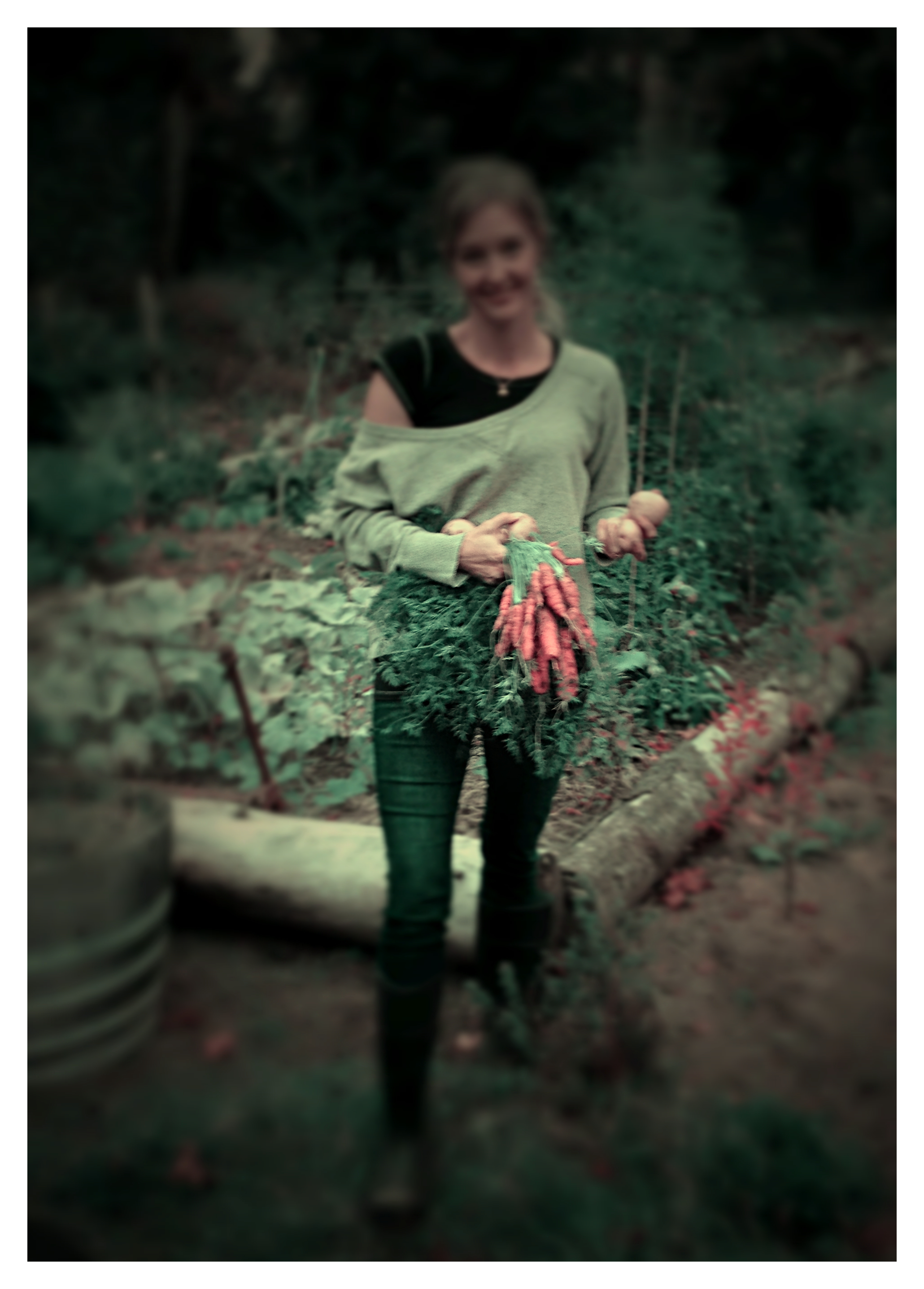 Carrots and potatoes for dinner -- as it is and so very grateful for it (and look at that bounty of garden behind me! Wowza!)