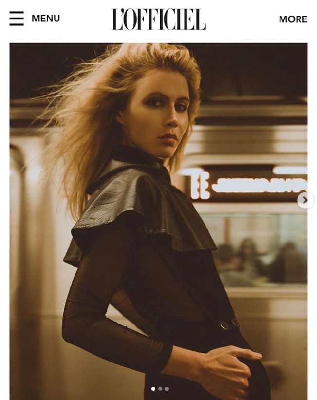model inblack shirt with leather cape by Marine Penvern, L'Officiel magazine;