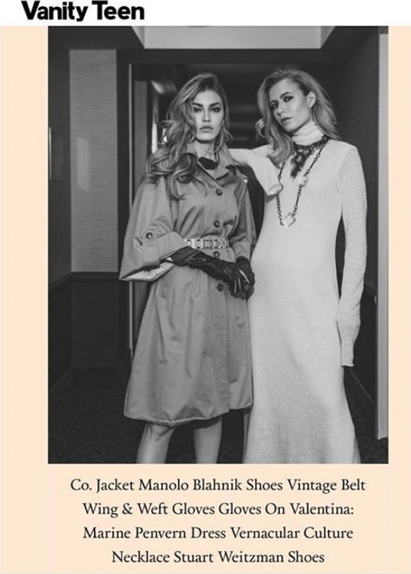 Two models in trench coat and long white dress by Marine Penvern, Vanity Teen magazine; 