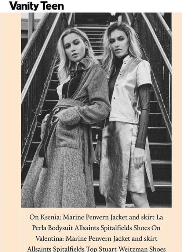 Two models in coat and suit by Marine Penvern, Vanity Teen magazine; set in NYC subway station