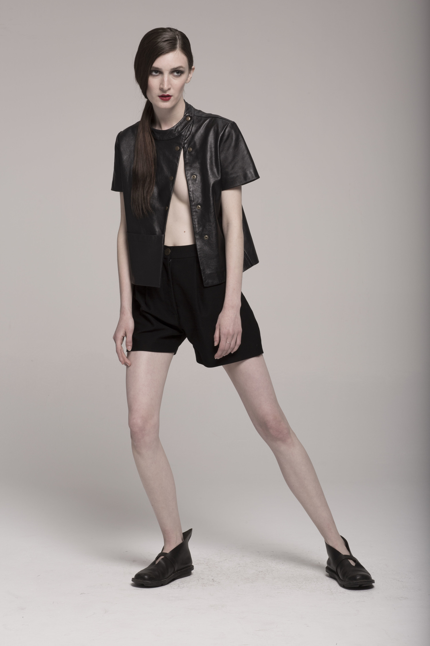 model in leather shirt