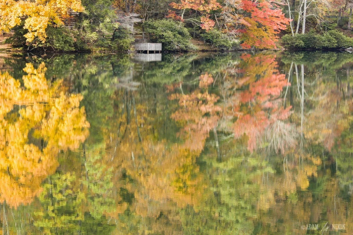 Wooden deck over looking a lake in Autumn