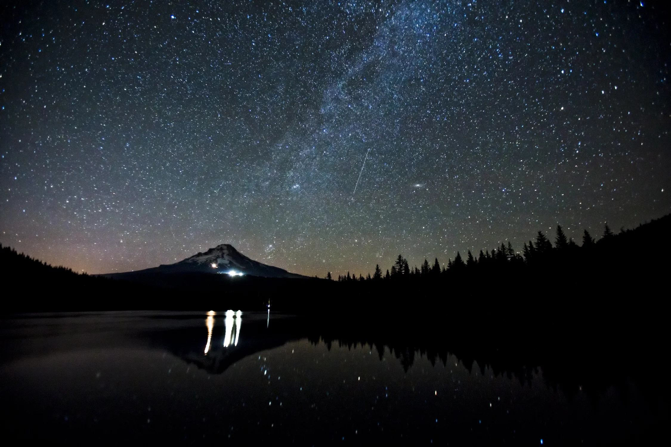Mount Hood and Trillium Lake at night