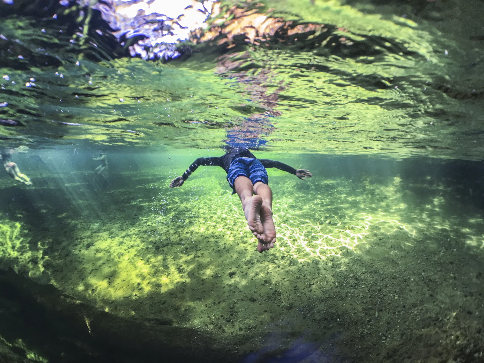 A teenager snorkeling in a fresh water spring in Florida