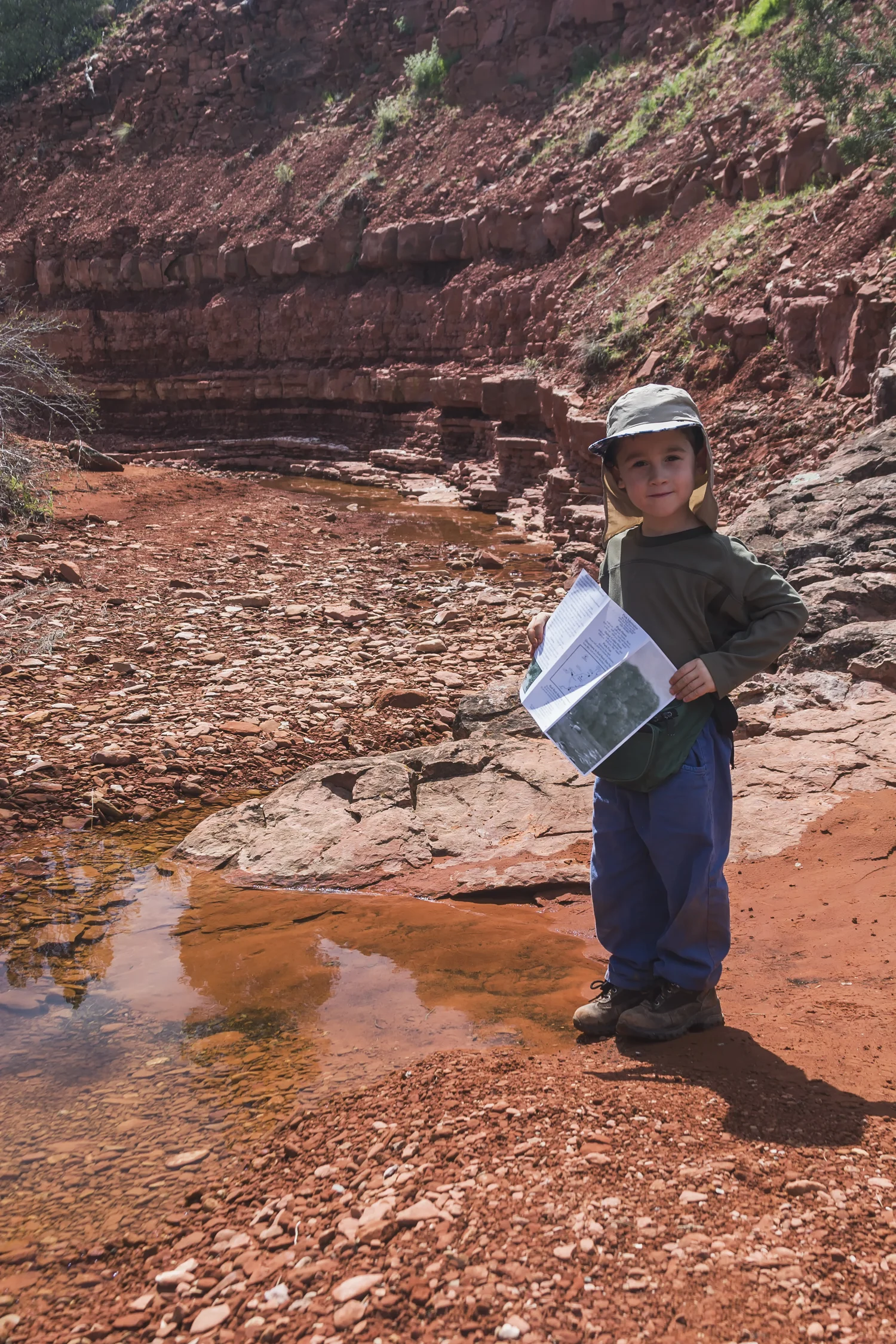 Young boy checking a hiking map