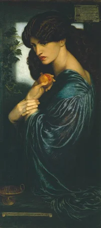 The figure in this painting, called 'Prosperpine,' is the Roman name of the mythological figure Persephone. The artist Dante Gabriel Rossetti painted this in 1874 and the original is housed at the Tate museum . Symbols contained in the painting include the pomegranate, which signifies captivity and marriage, and the incense-burner, the attribute of a goddess. 
