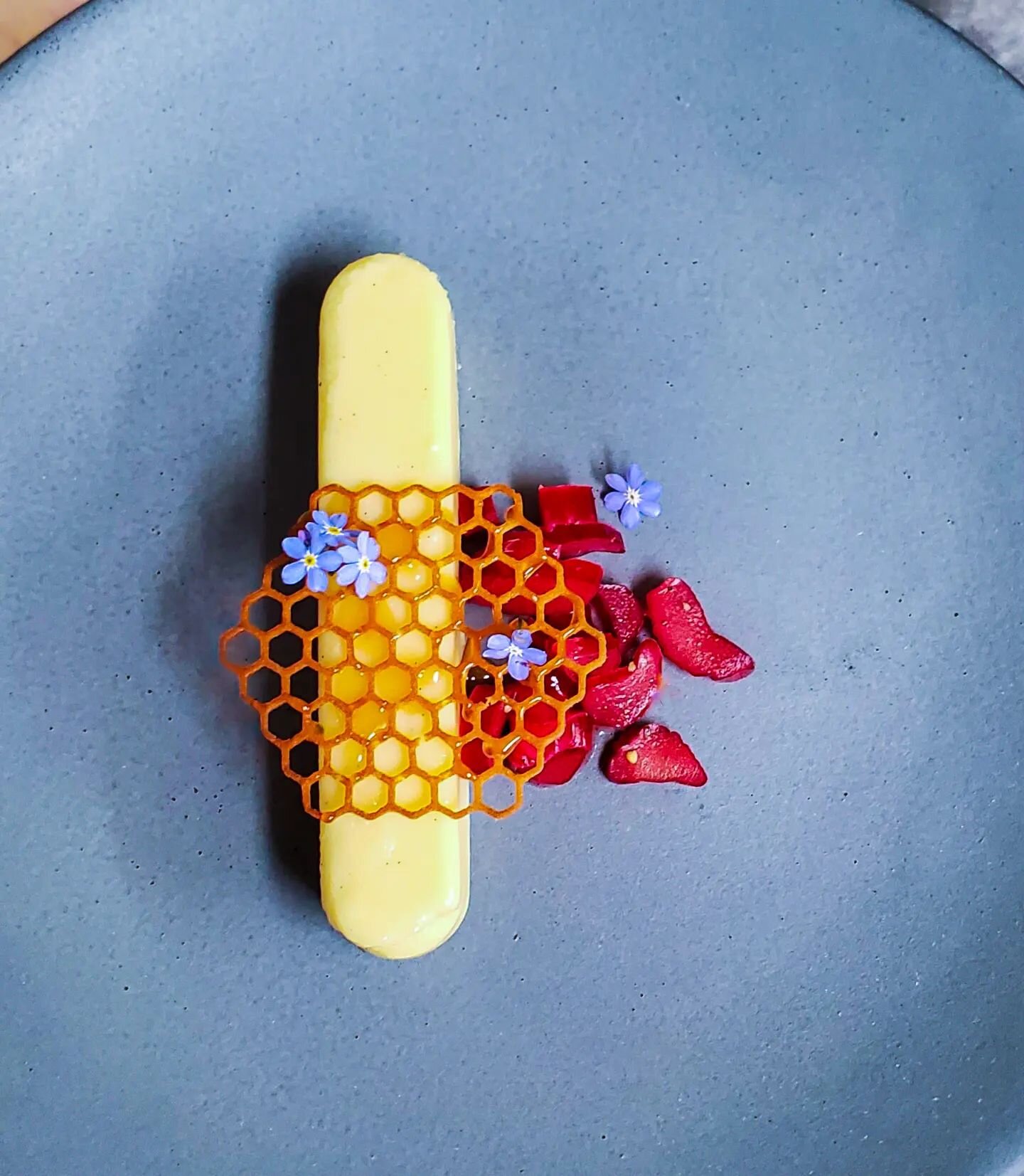 Yuzu white chocolate cremeux made using @valrhonausa inspiration Yuzu chocolate. 
Other components include;
Honey tuile, forget-me-nots and a black pepper compressed rhubarb.

The yuzu chocolate from @valrhonausa really captures the nuances of yuzu.
