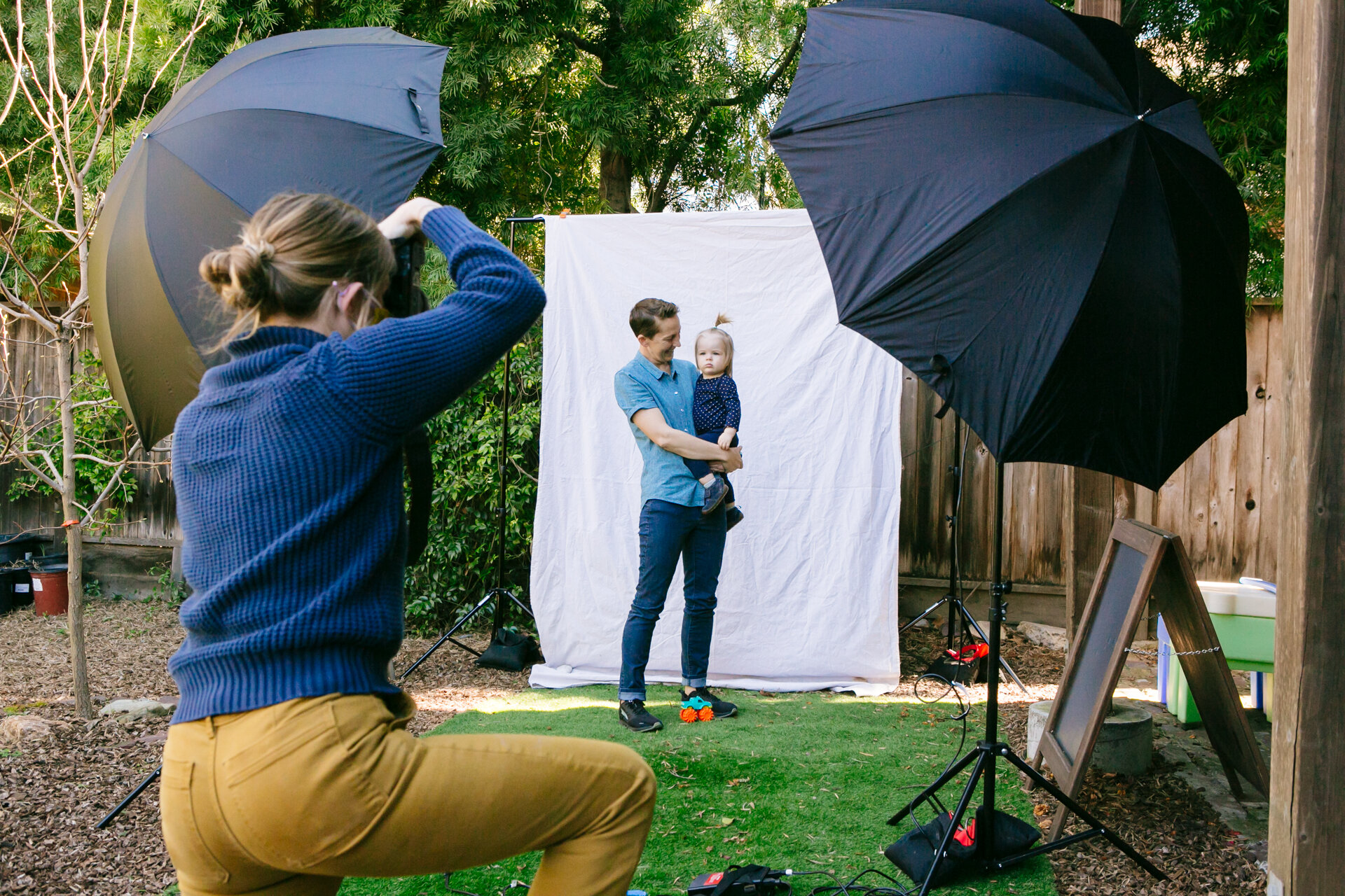 (3 photographs on top row) - Some examples of what the final images may look like. (1 photograph above) - The backyard studio, to give you a sense of the setup.
