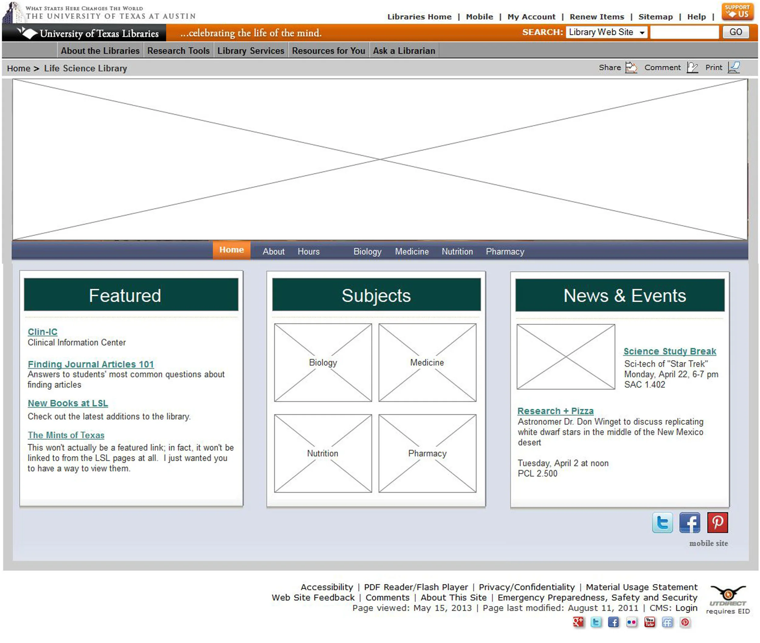 Wireframe for the Life Science Library homepage