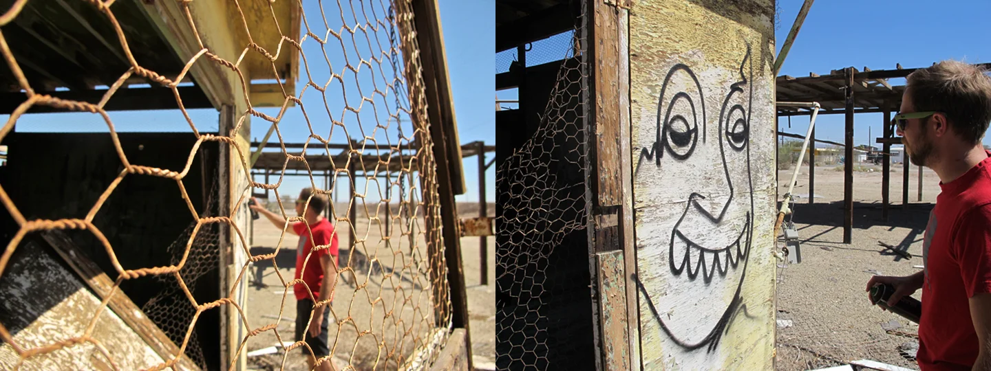 bombay beach is not far from slab city and it too has a post apocalyptic feel that makes spraying some faces on walls without worrying about johnny law questioning your artistic endeavors seem second nature