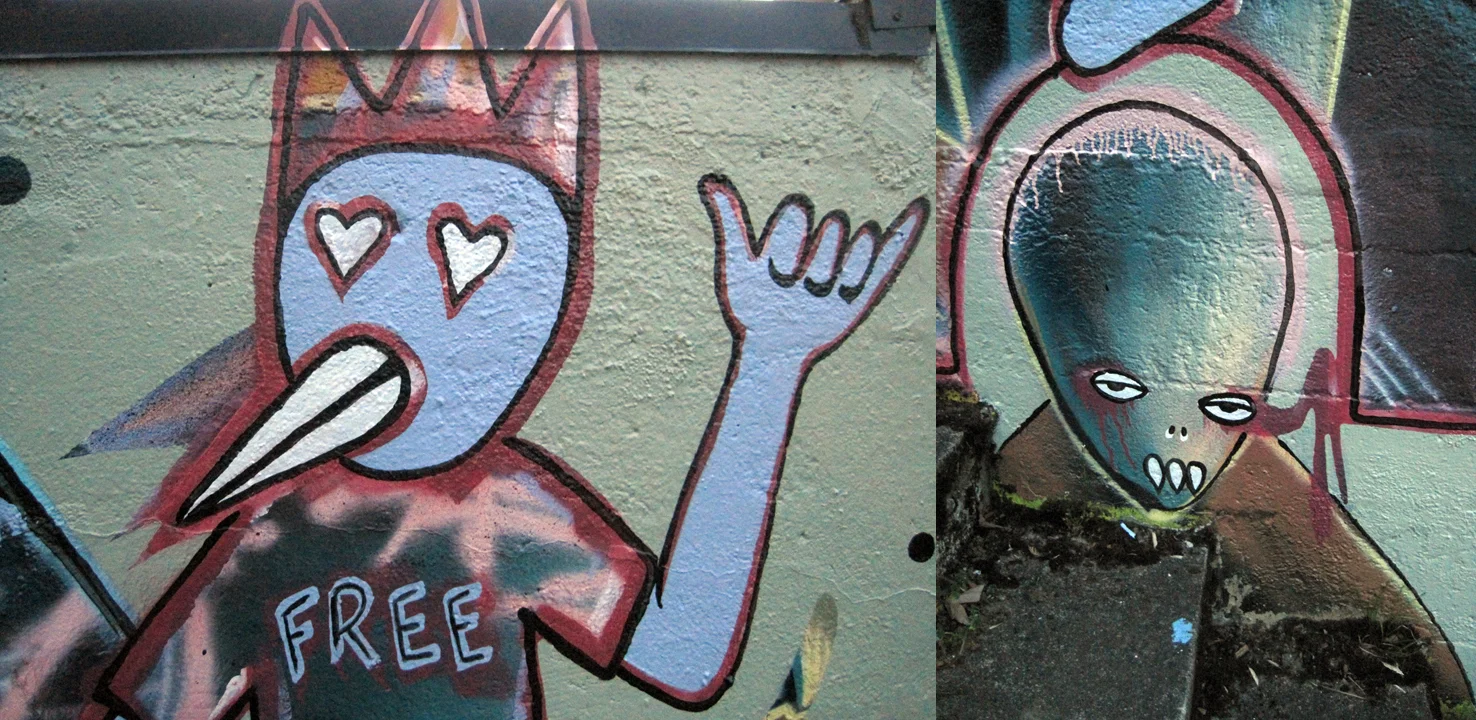 alright, so here's some deets of aforementioned weirdness...but it's come to my attention i'm straying off the bloggers path...this wall was painted like 2 years ago with permission and 2 days to execute it when the focus was to be on recent work that was done quickly without permission so lets get back to brass tacks and wrap this shit up 