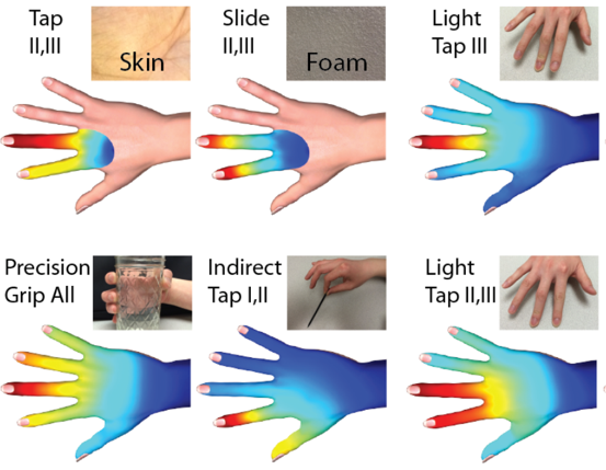 Spatial patterns of touch-elicited vibrations in the hand