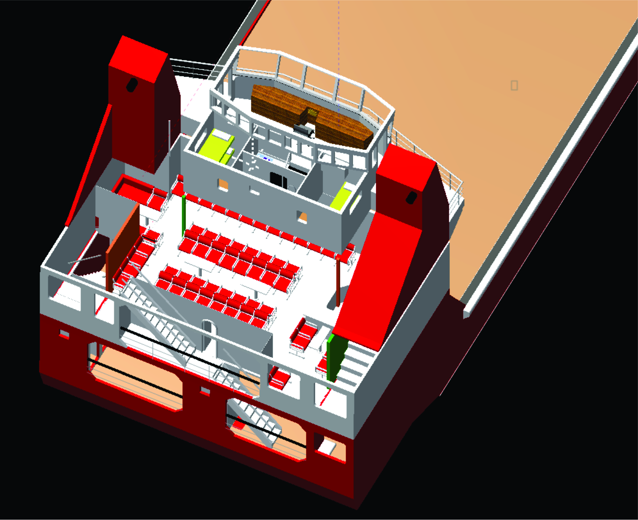View of see through, to first floor interior/accommodation/wheel house and stair wells. 3d modelling is great for this option to turn on & off components of the design.