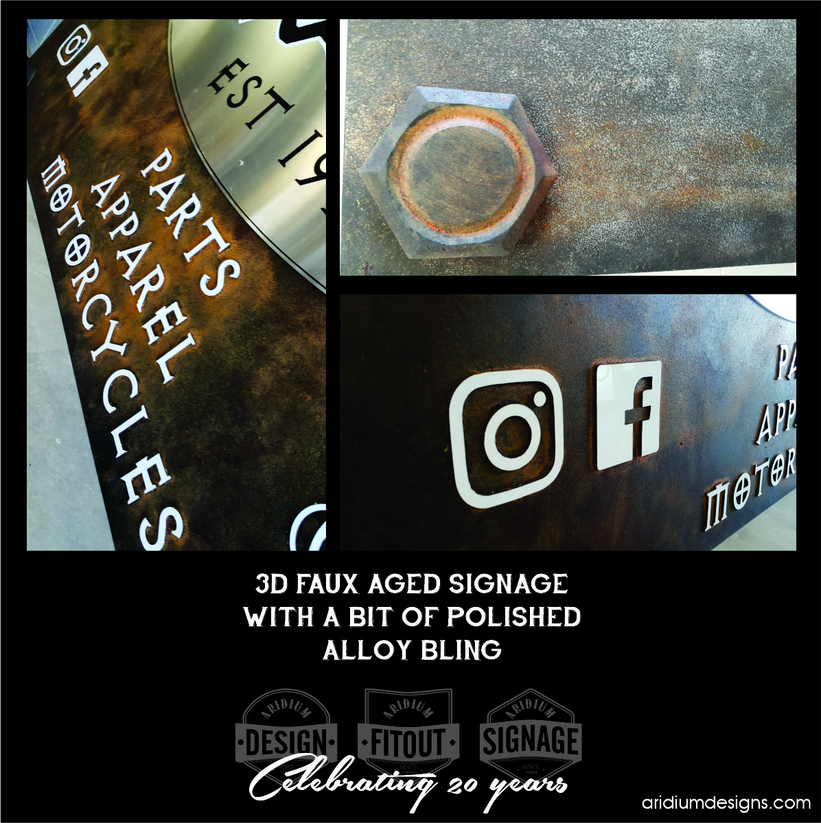 FAUX AGED RUSTED EXTERIOR 3D SIGN WITH A BIT OF POLISHED ALLOY BLING