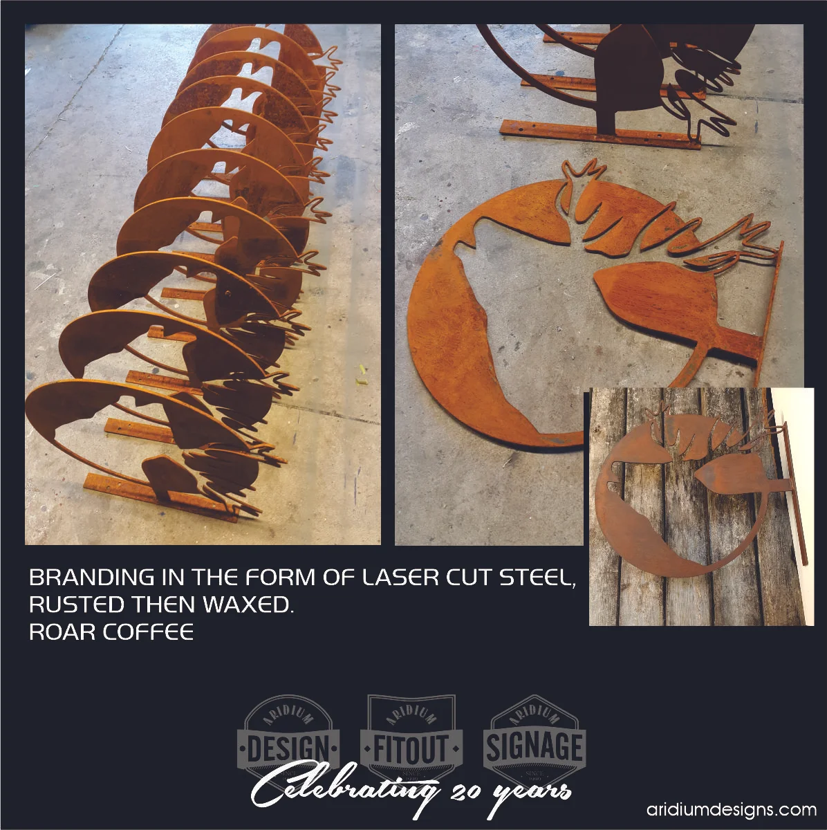 BRANDING IN THE FORM OF LASER CUT STEEL, RUSTED THEN WAXED. ROAR COFFEE