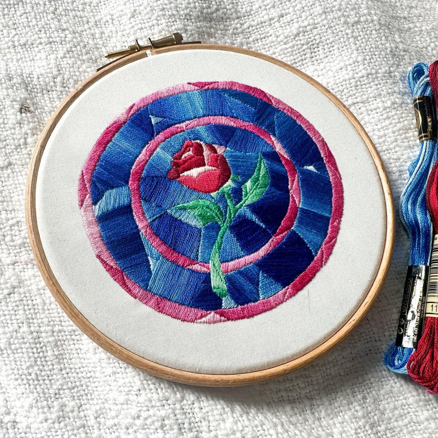 For who could ever learn to love a beast?
🥀
I am SO PROUD of this finished hoop for my March Patreon supporters! Holy cow, it was a labor of love. Only using satin stitch so it has that lovely look, but it took far longer to embroider than I had exp