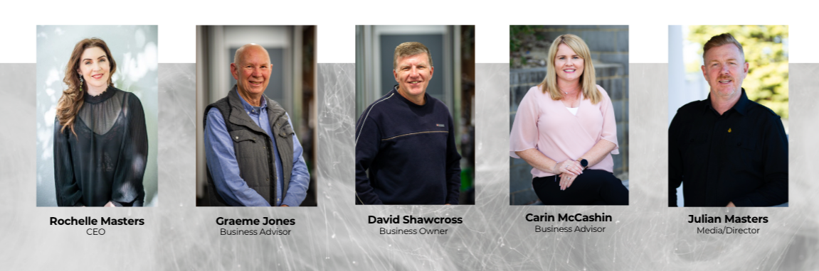 Group photo of five business professionals, including Rochelle Masters, Graeme Jones, David Shawcross, Carin McCashin, and Julian Masters, with their titles listed below.