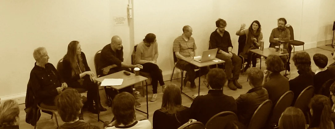 Question Time with the Trinity Laban Composition Dept. 'Dream Team'. From L to R: Stephen Montague, Deirdre Gribbin, Sam Hayden, Laura Jurd, Dominic Murcott, John Lely, Soosan Lolavar, John Ashton Thomas. Not present were Errollyn Wallen, Paul Newland, Nye Parry.