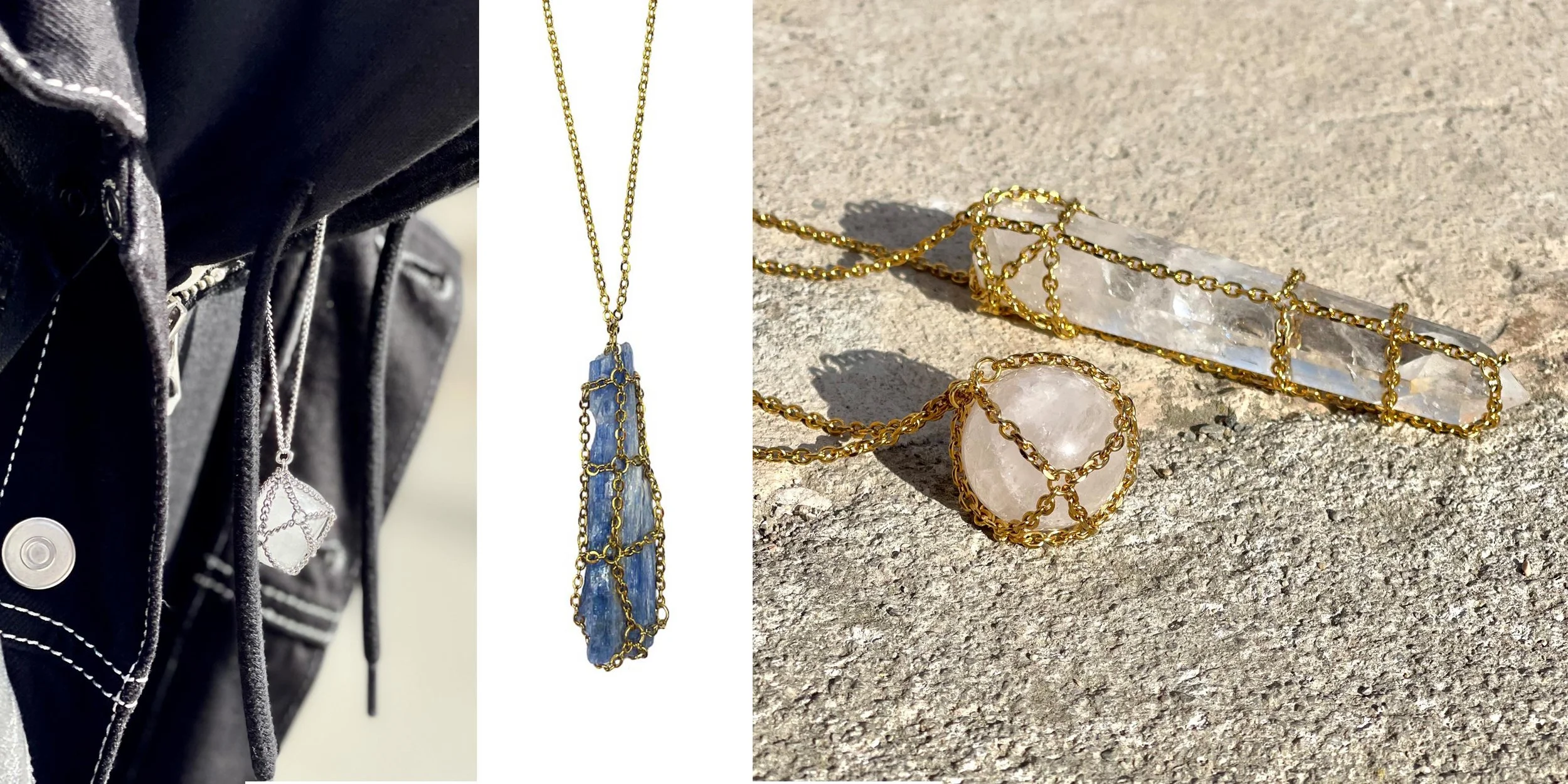 Our Caged Semi Precious Gemstone Necklaces are caged in silver and gold chain. Designed to mimic the netting of a basketball hoop.