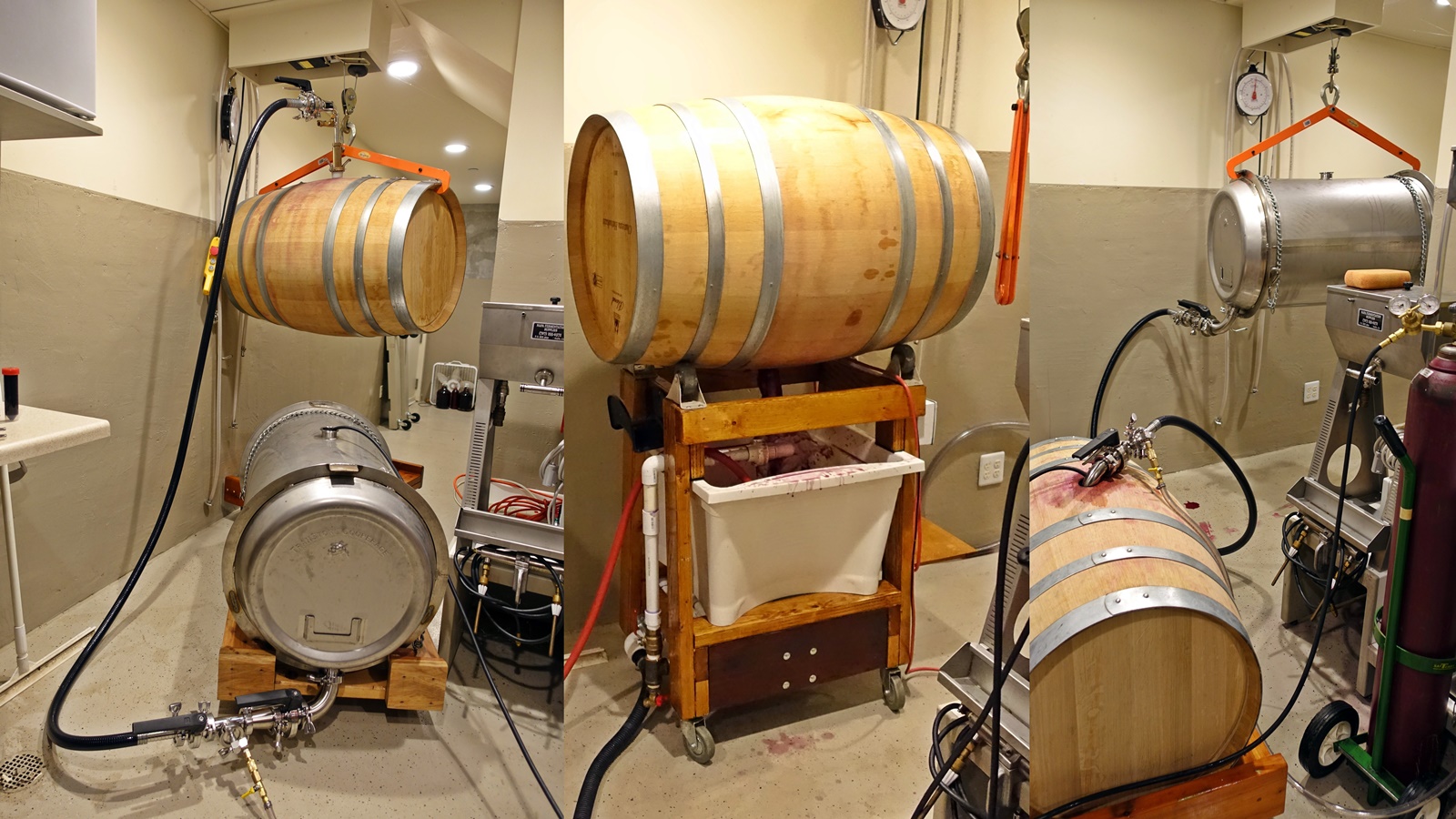 7 Racking: move wine from barrel to steel tank, clean barrel, then move wine back