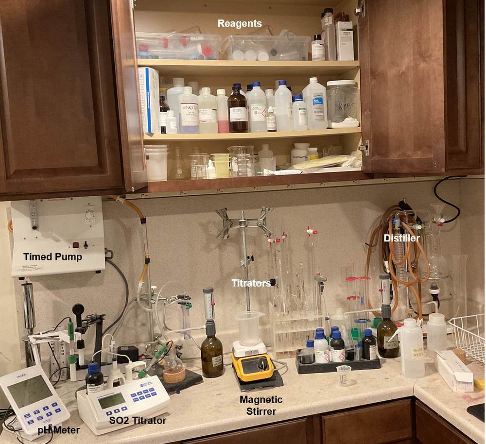 The wet lab bench: pH meter, SO2 titrator, magnetic stirrer, distiller and reagent cabinet
