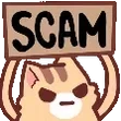 Cat Scam Fast Emoji, animated. A very cartoonish orange tabby cat is holding a sign that says "SCAM" above its head, and shaking it up and down.