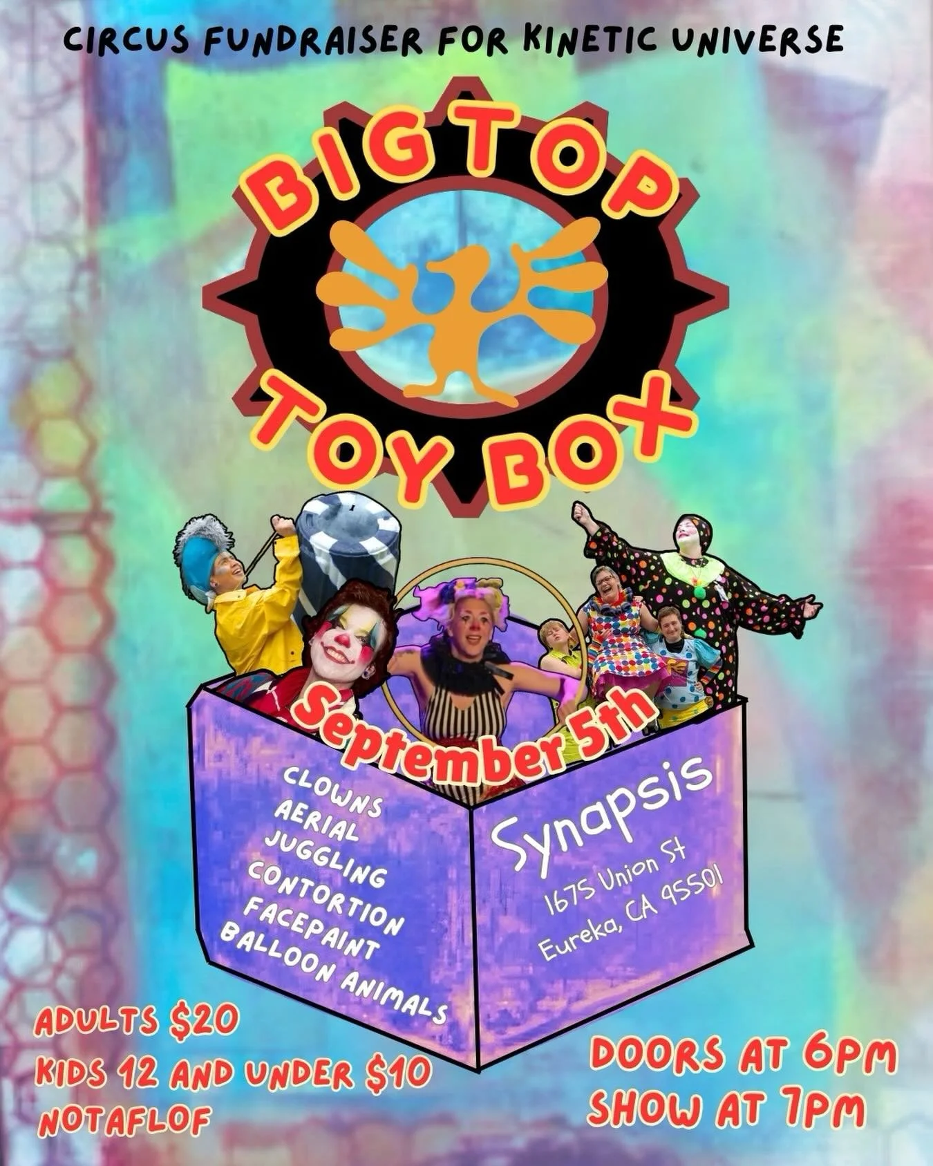 This Saturday at Synapsis!
A clown show ✨

All ages - $10-20
Notaflof
Doors open at 6, show is at 7pm.
Fundraiser for the Kinetic Universe
Put on by 

Queen Goosetoph,

Clown, aerialist, Multimedia performer, and currently reigning Rutabaga Queen 🫜
